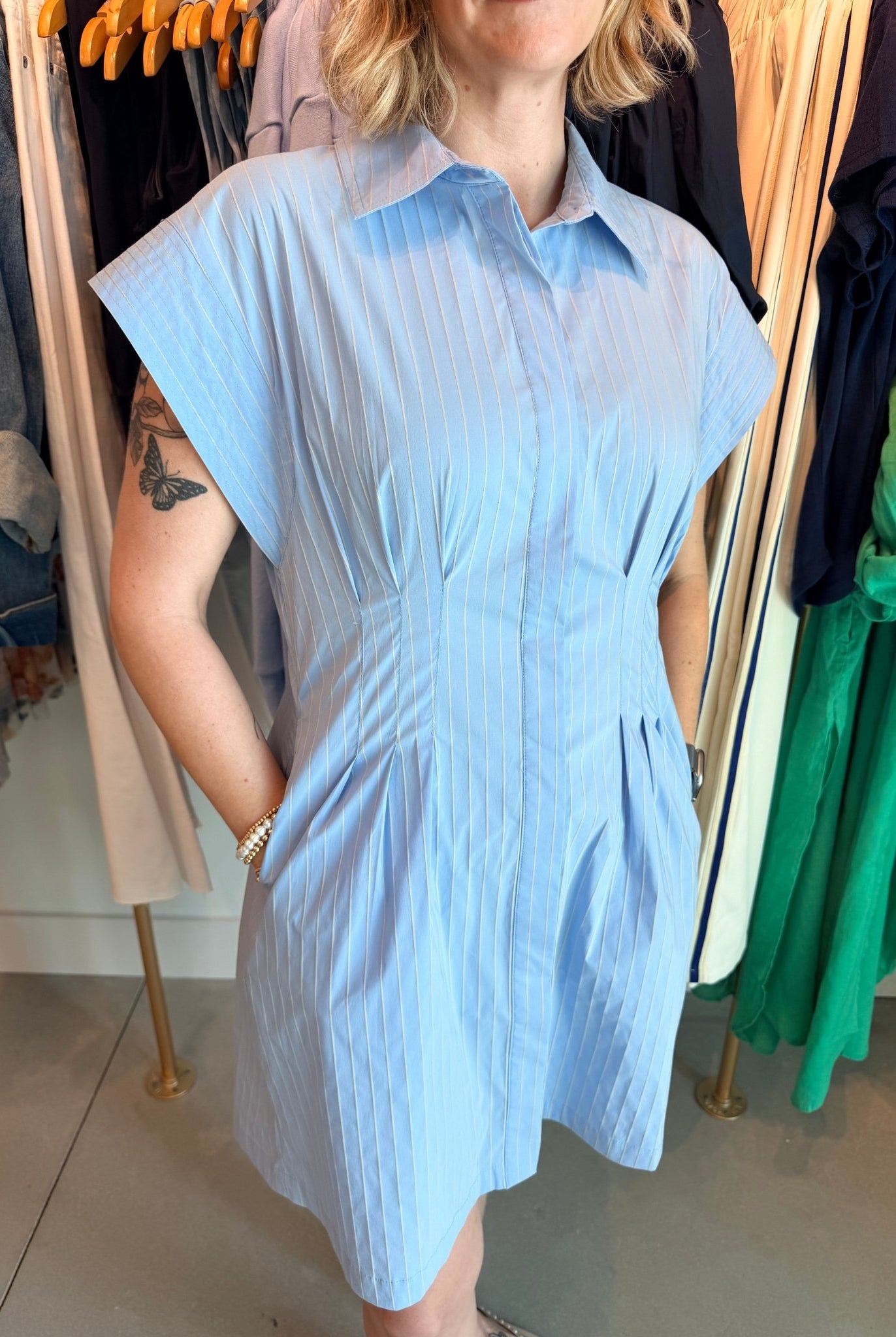 THML Short Sleeve Striped Button Down Dress Blue - Fleur - De - Lis Boutique