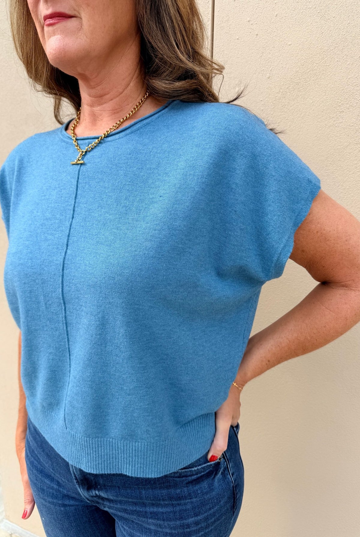 KDL Scoop Neck Short Sleeve Sweater Denim - Fleur-De-Lis Boutique