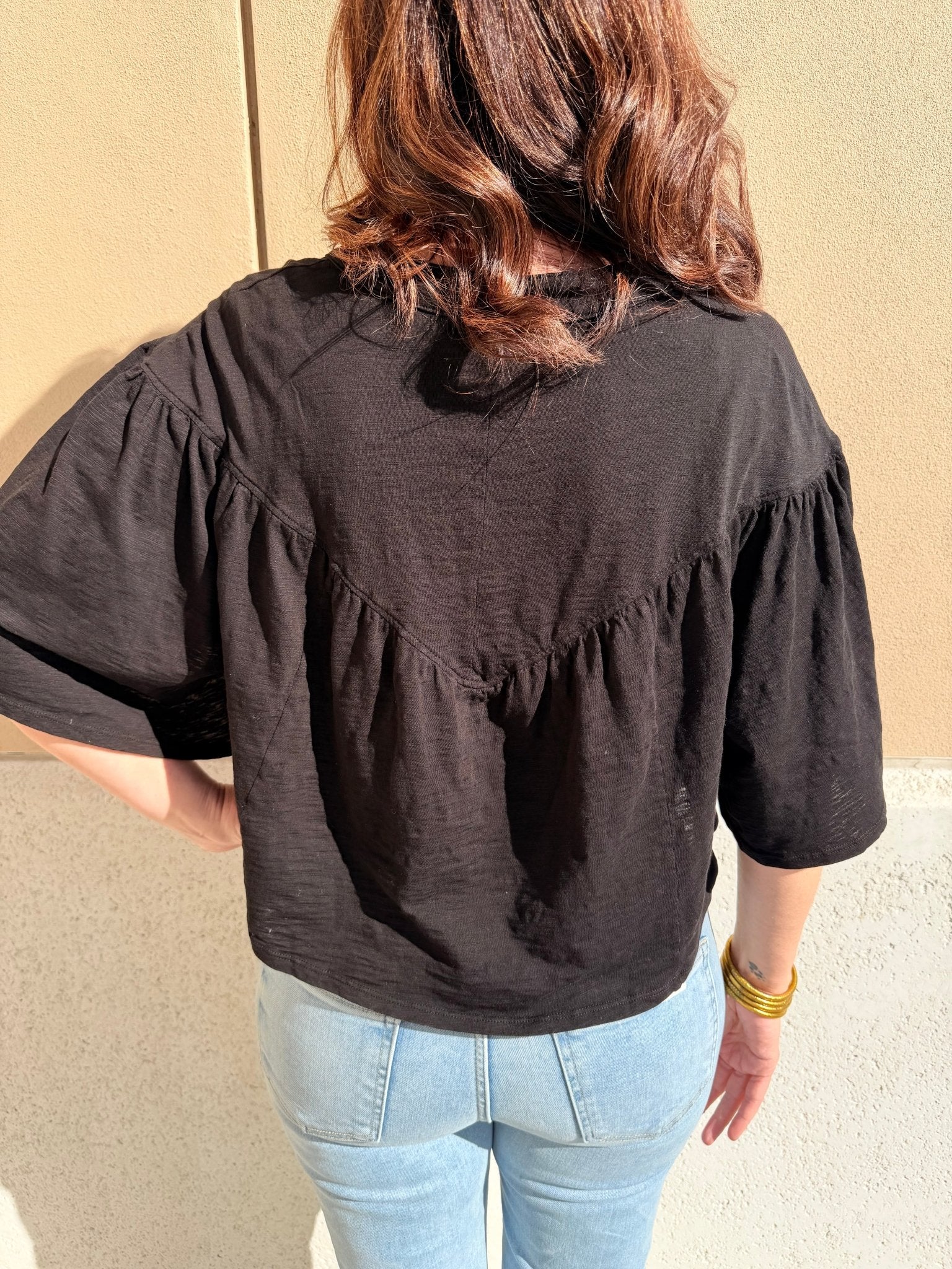 Bobi Los Angeles V Yoke Henley Blouse Black - Fleur - De - Lis Boutique