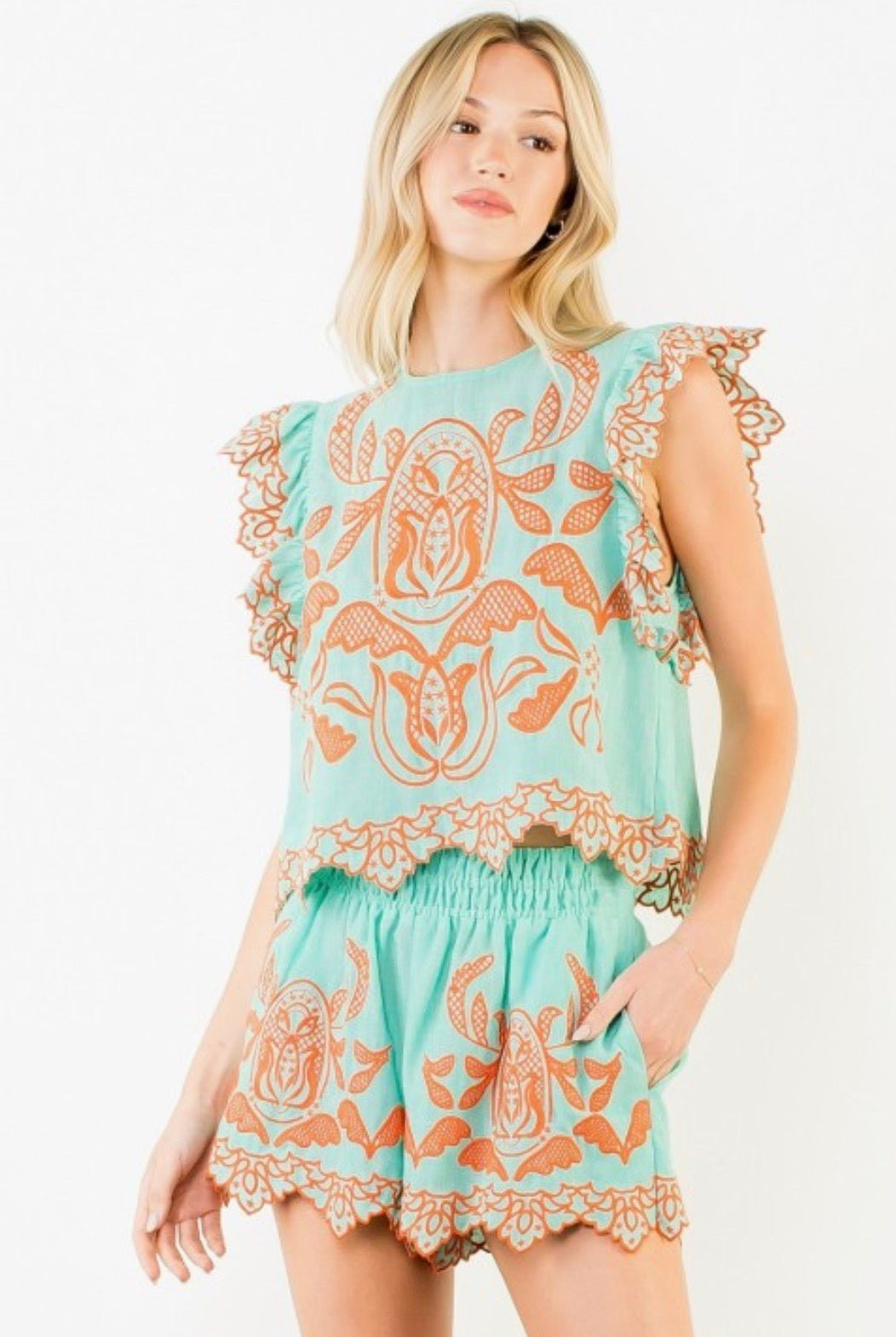 THML Embroidered Flutter Sleeve Top Turquoise and Orange - Fleur - De - Lis Boutique