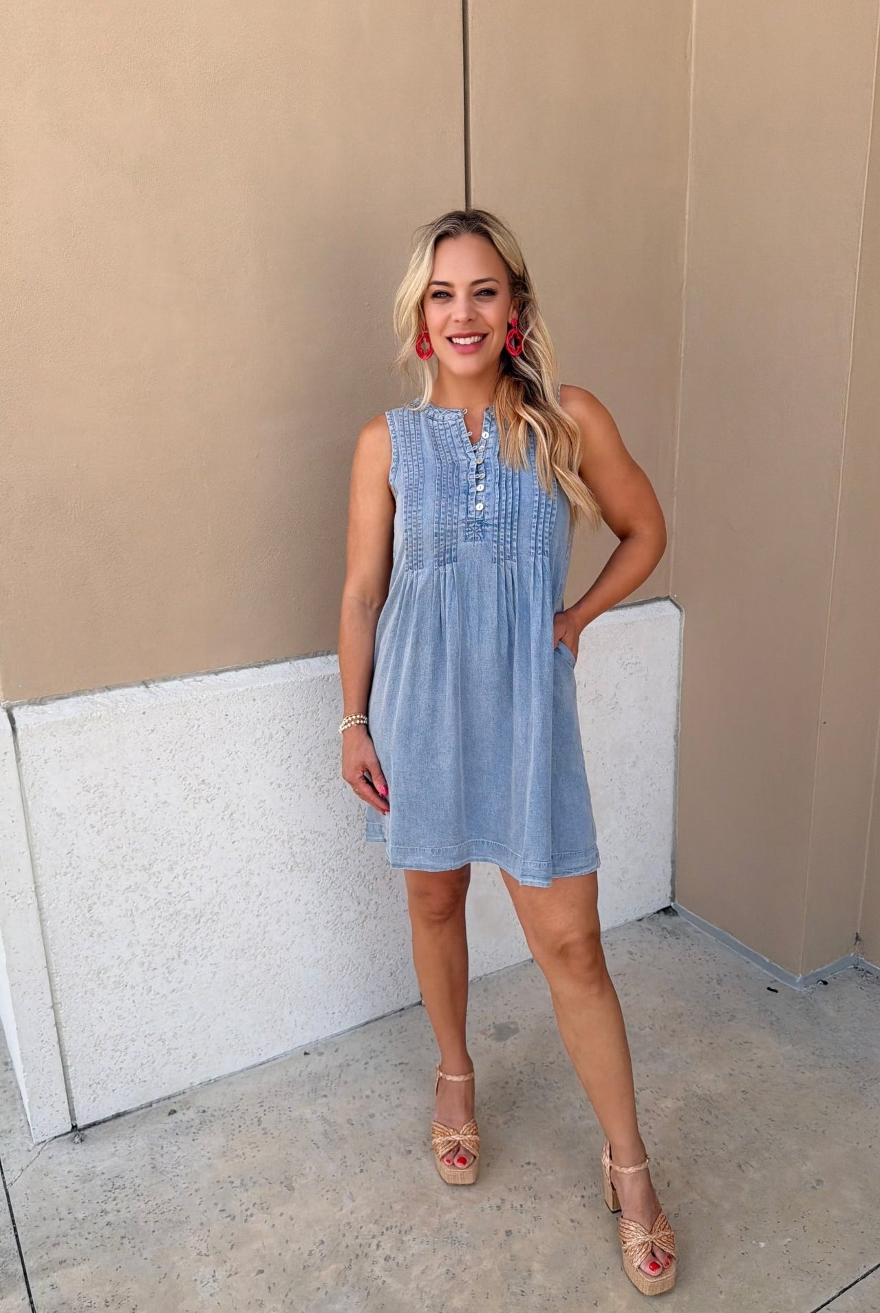 THML Sleeveless Chambray Mini Dress - Fleur - De - Lis Boutique