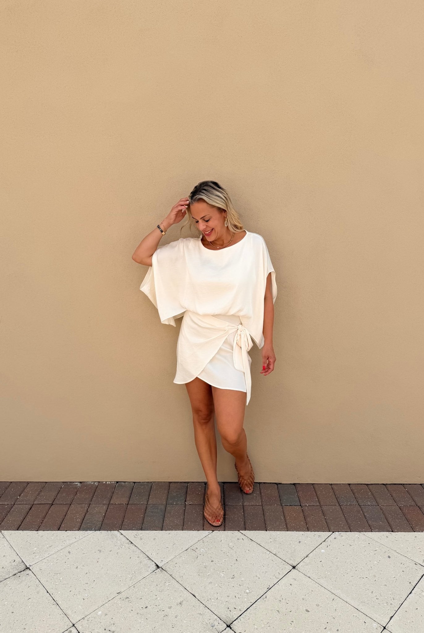 Ivory Dress with Drape Sleeve - Fleur-De-Lis Boutique