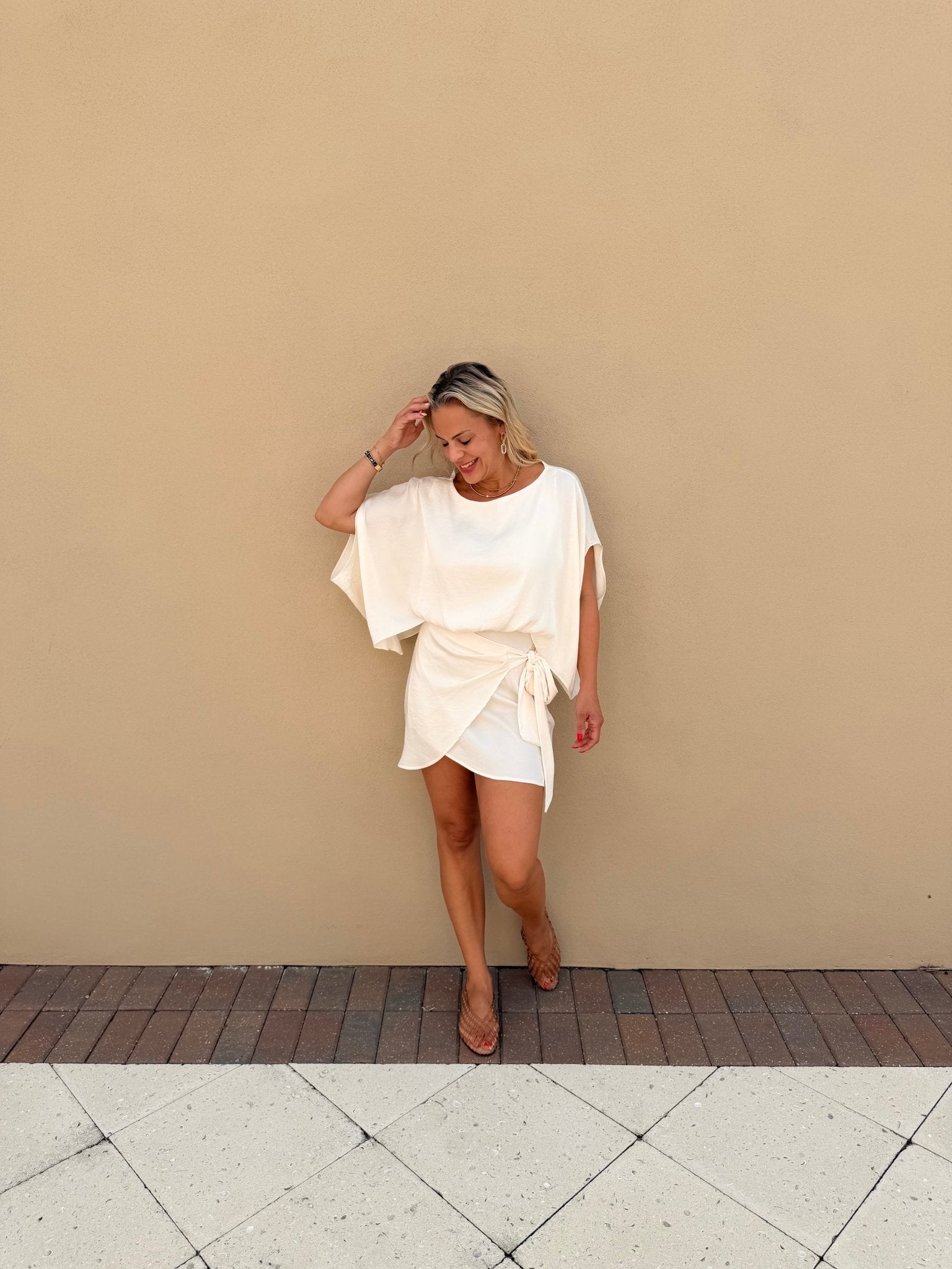Ivory Dress with Drape Sleeve - Fleur-De-Lis Boutique