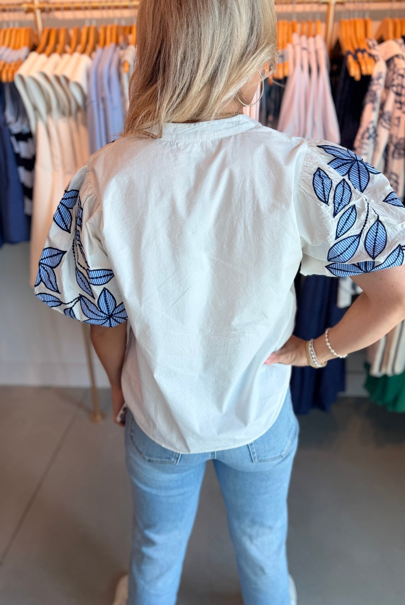 THML Puff Sleeve Embroidery Top White - Fleur - De - Lis Boutique