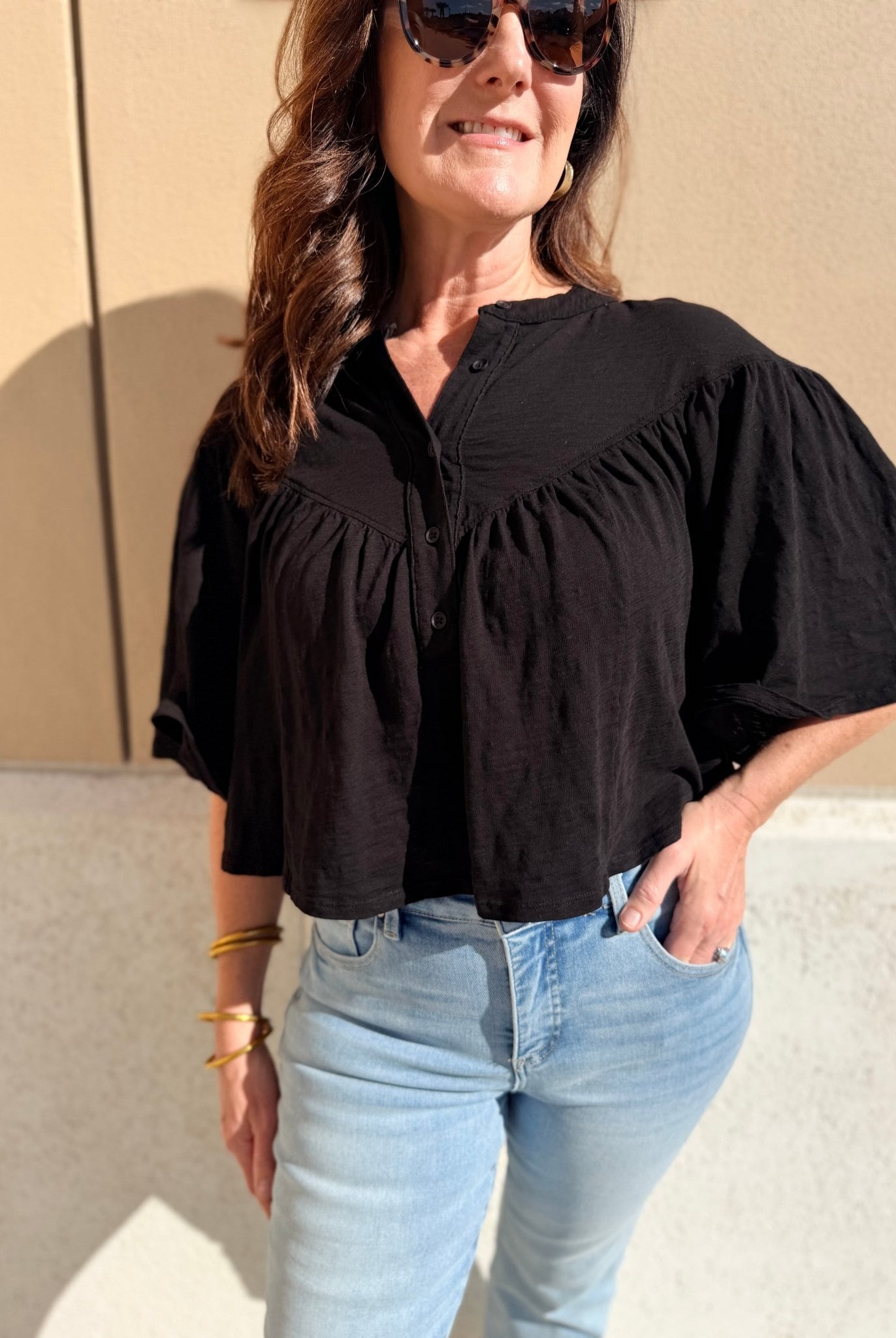 Bobi Los Angeles V Yoke Henley Blouse Black - Fleur - De - Lis Boutique