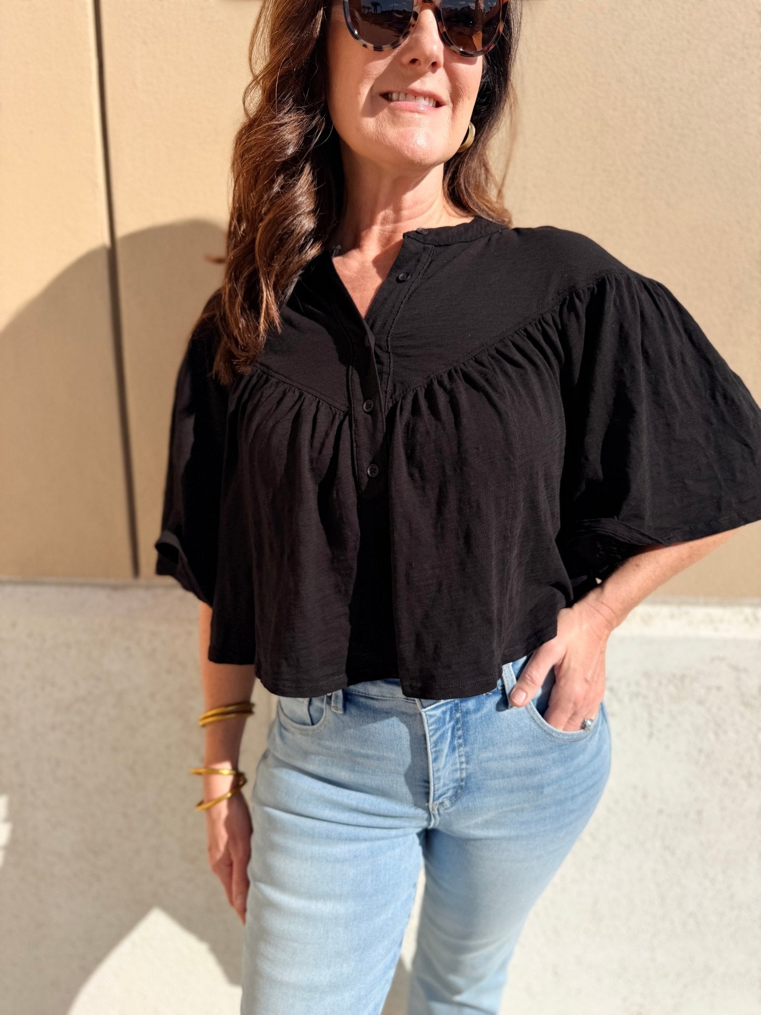 Bobi Los Angeles V Yoke Henley Blouse Black - Fleur - De - Lis Boutique