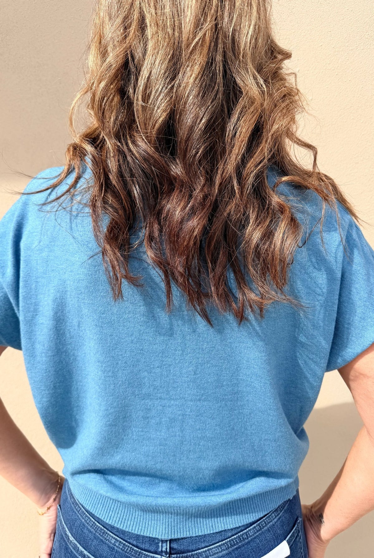 KDL Scoop Neck Short Sleeve Sweater Denim - Fleur-De-Lis Boutique