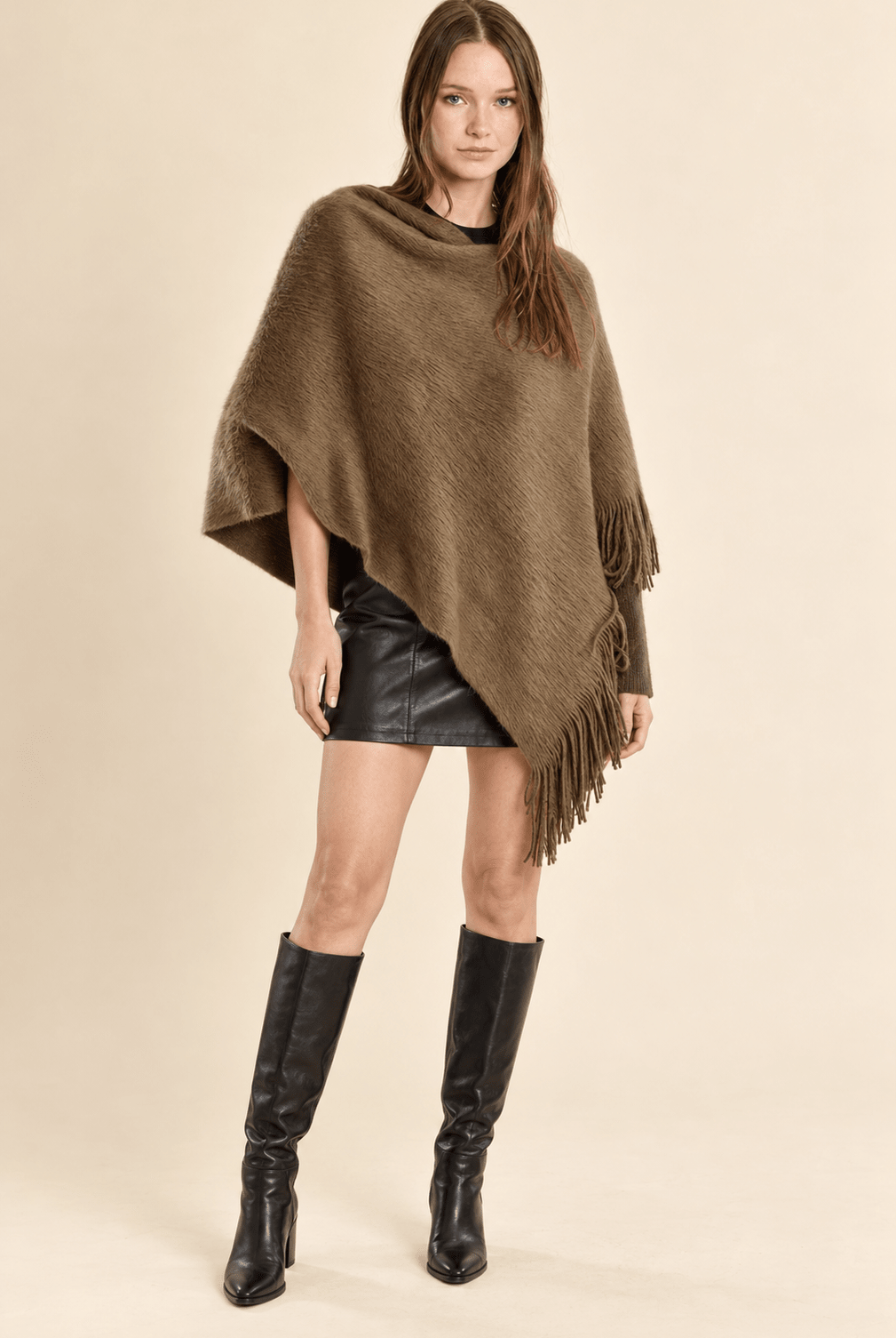 Fringe Knitted Poncho Olive - Fleur-De-Lis Boutique