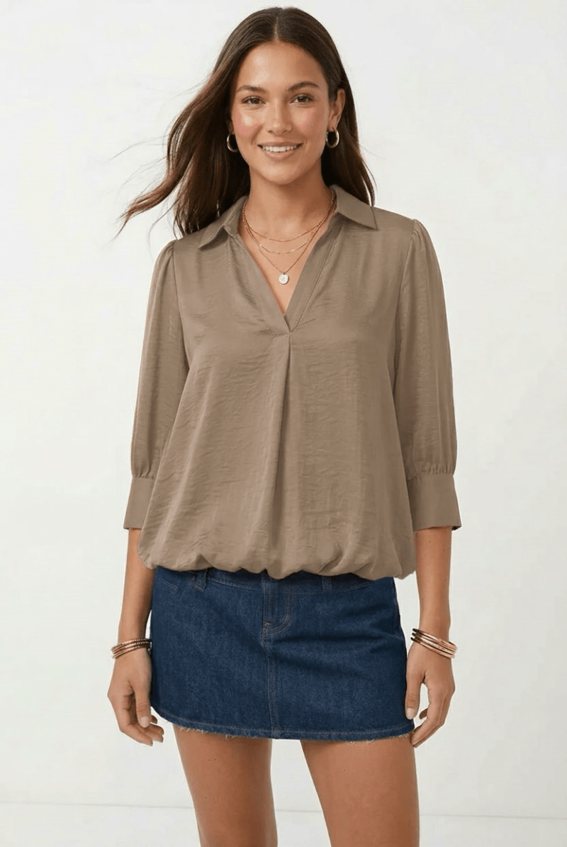 The Luxe Khaki Blouson Blouse - Fleur-De-Lis Boutique