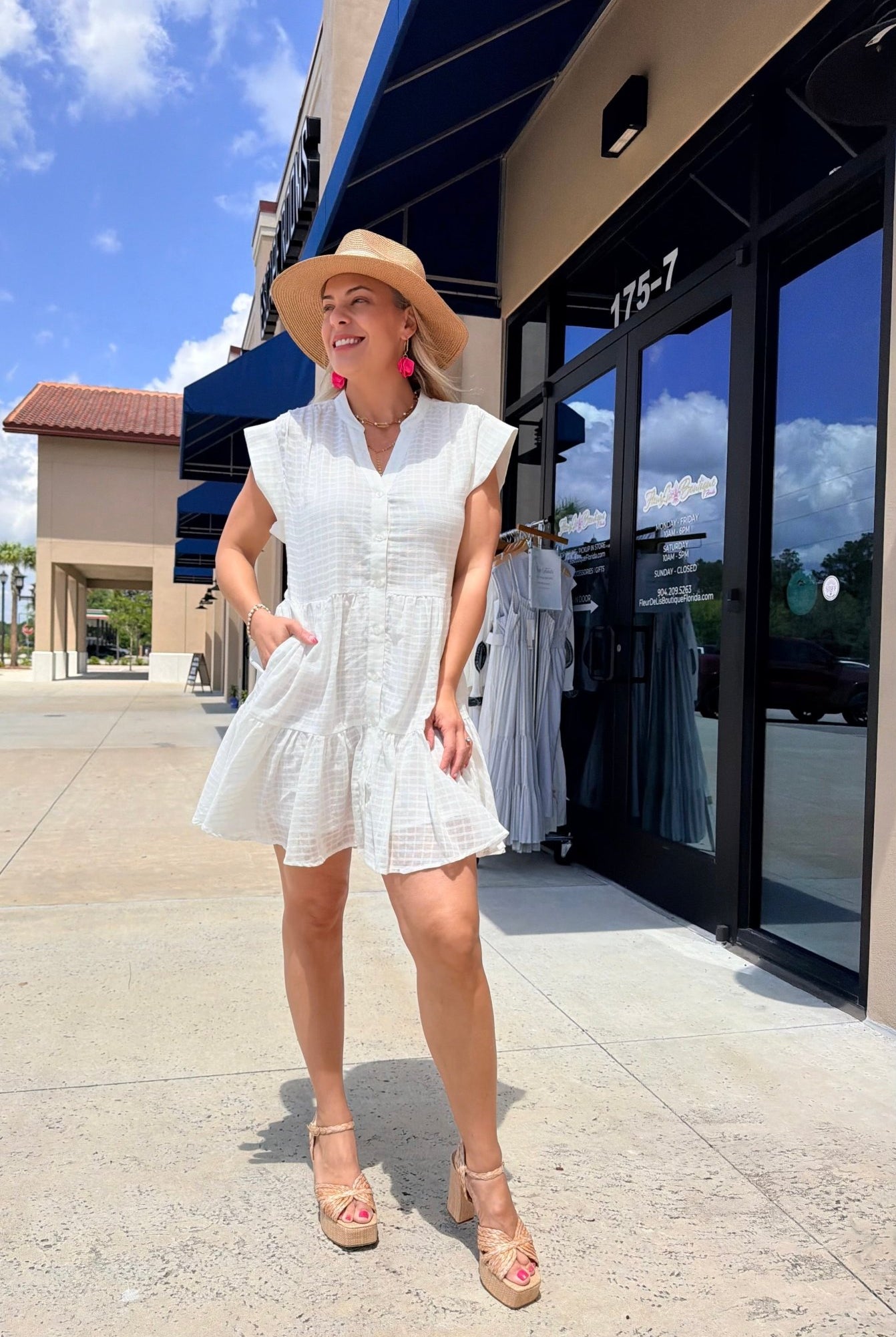 Elan Off White Windowpane Short Sleeve Mini Dress - Fleur - De - Lis Boutique