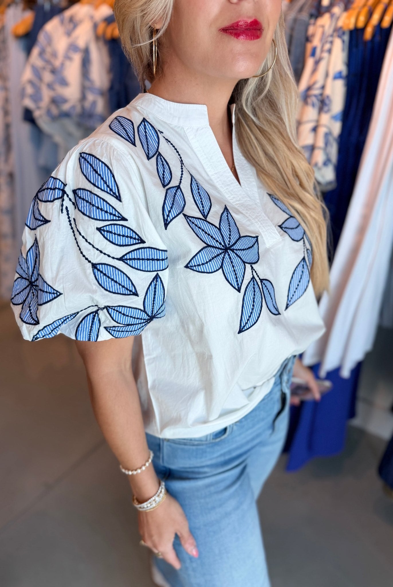 THML Puff Sleeve Embroidery Top White - Fleur - De - Lis Boutique