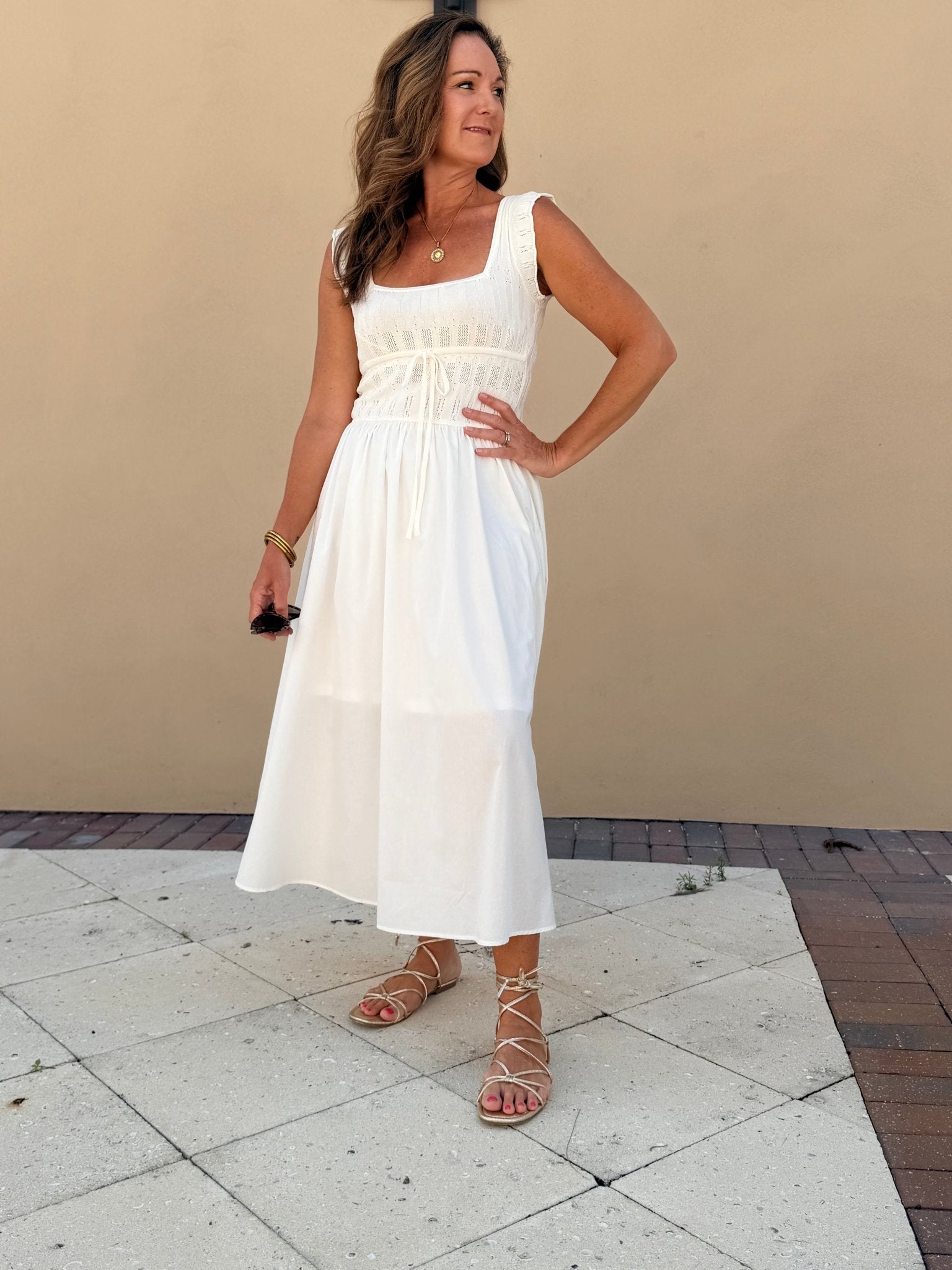 Moon River Square Neck Ivory Midi Dress - Fleur - De - Lis Boutique
