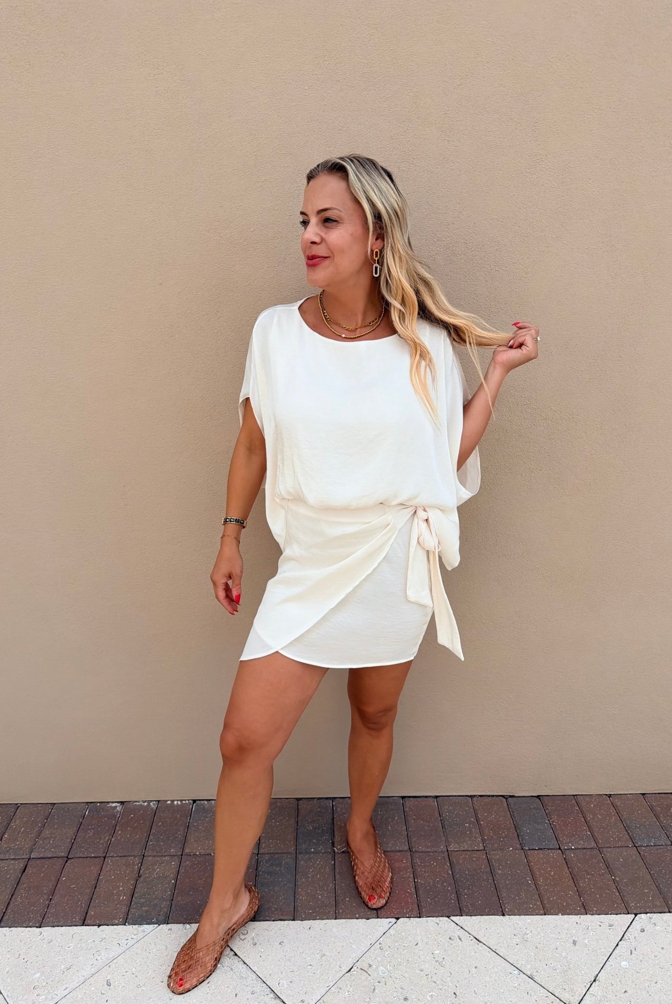 Ivory Dress with Drape Sleeve - Fleur-De-Lis Boutique