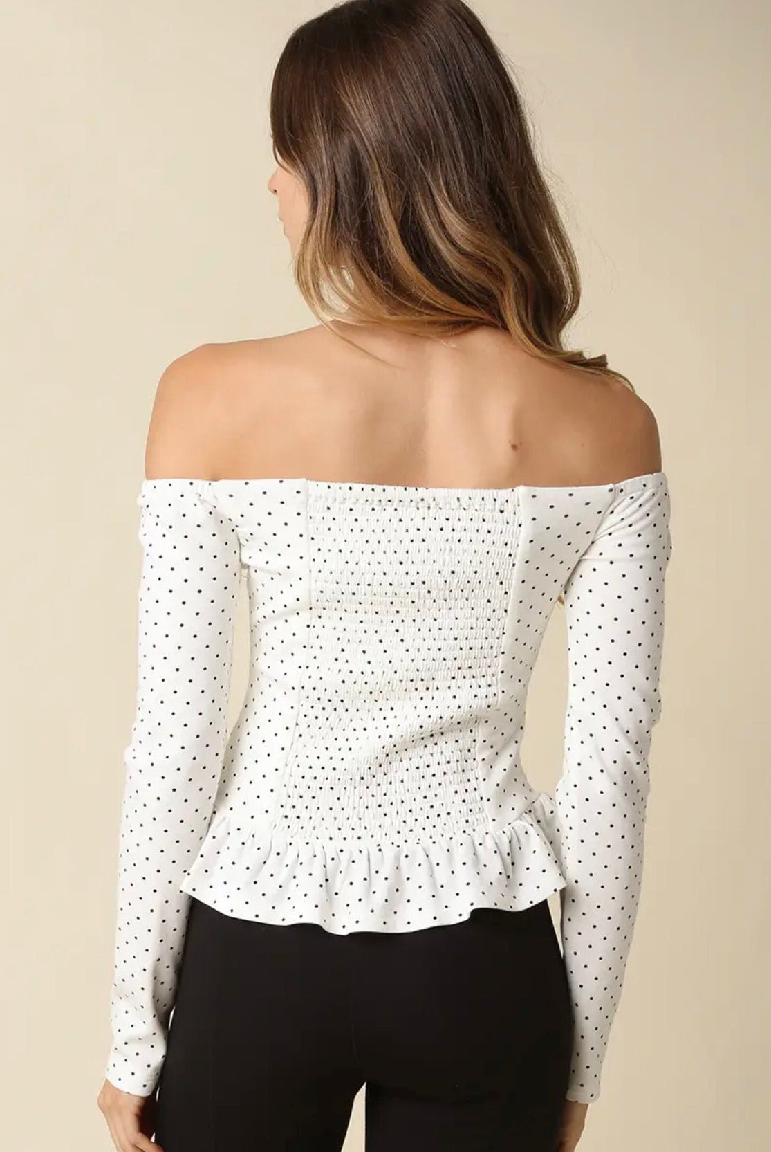 Olivaceous Brenda Polka Dot Off the Shoulder Top - Fleur-De-Lis Boutique