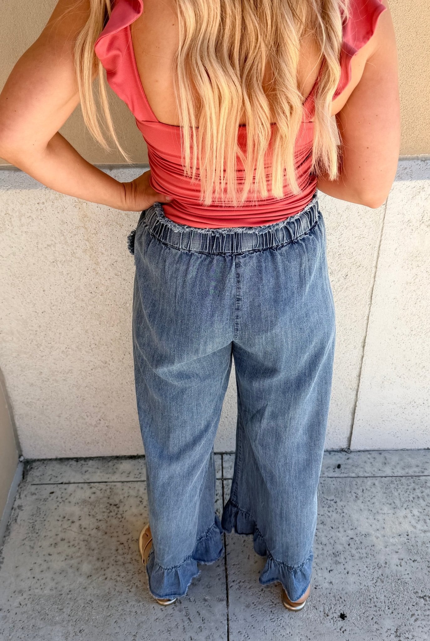 Vine & Love Flared Ruffle Hem Washed Chambray Crop Denim Pants - Fleur - De - Lis Boutique