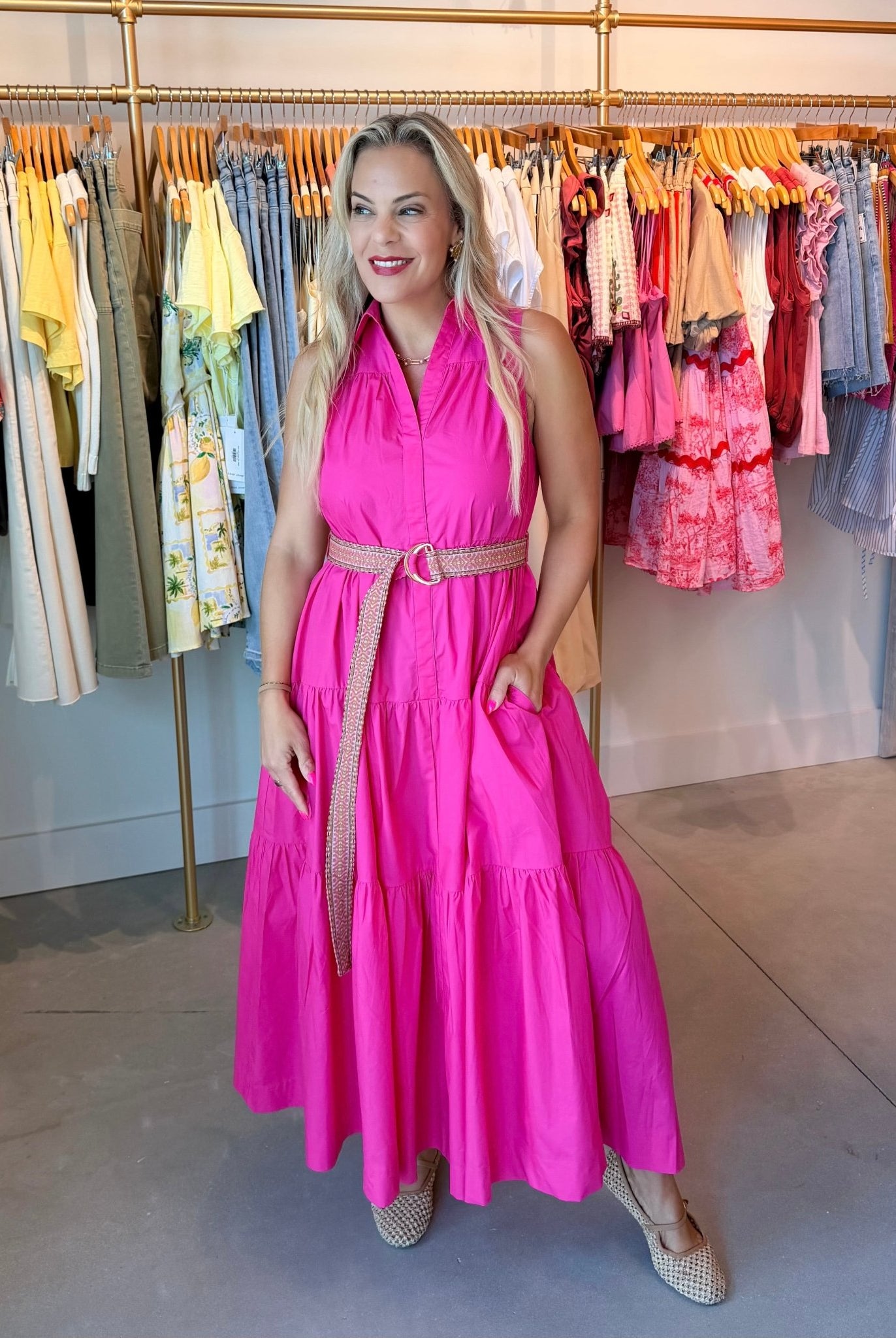 Pinch Tiered Midi Dress Hot Pink - Fleur-De-Lis Boutique