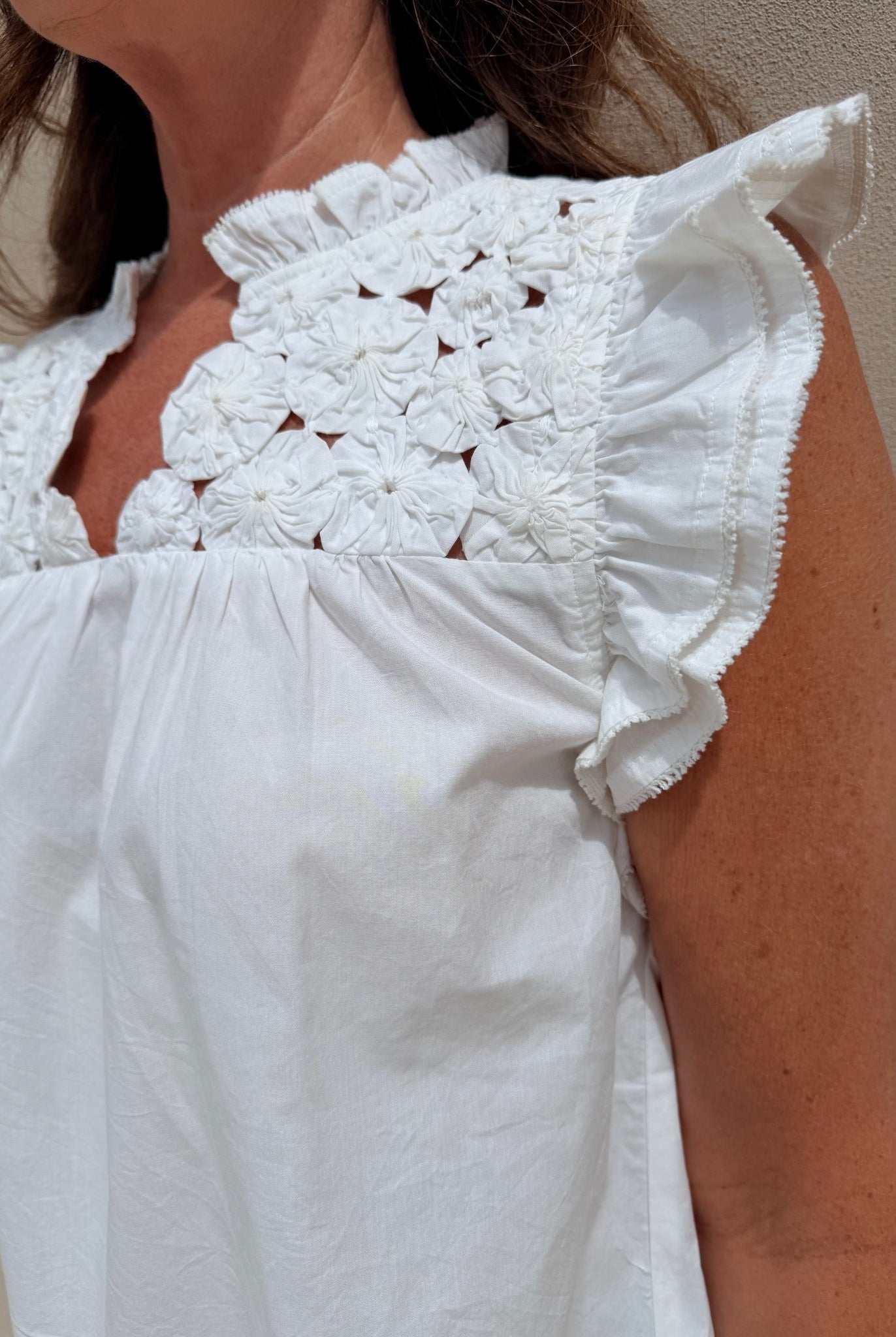 THML Flutter Sleeve Top Embellished Yoke White - Fleur - De - Lis Boutique