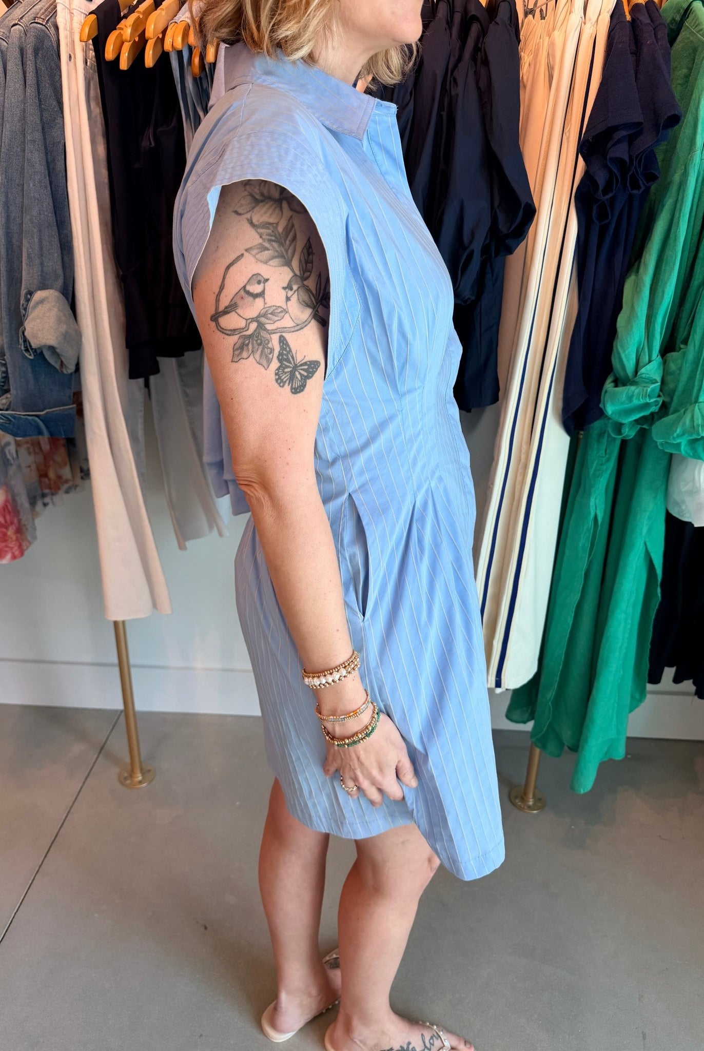 THML Short Sleeve Striped Button Down Dress Blue - Fleur - De - Lis Boutique