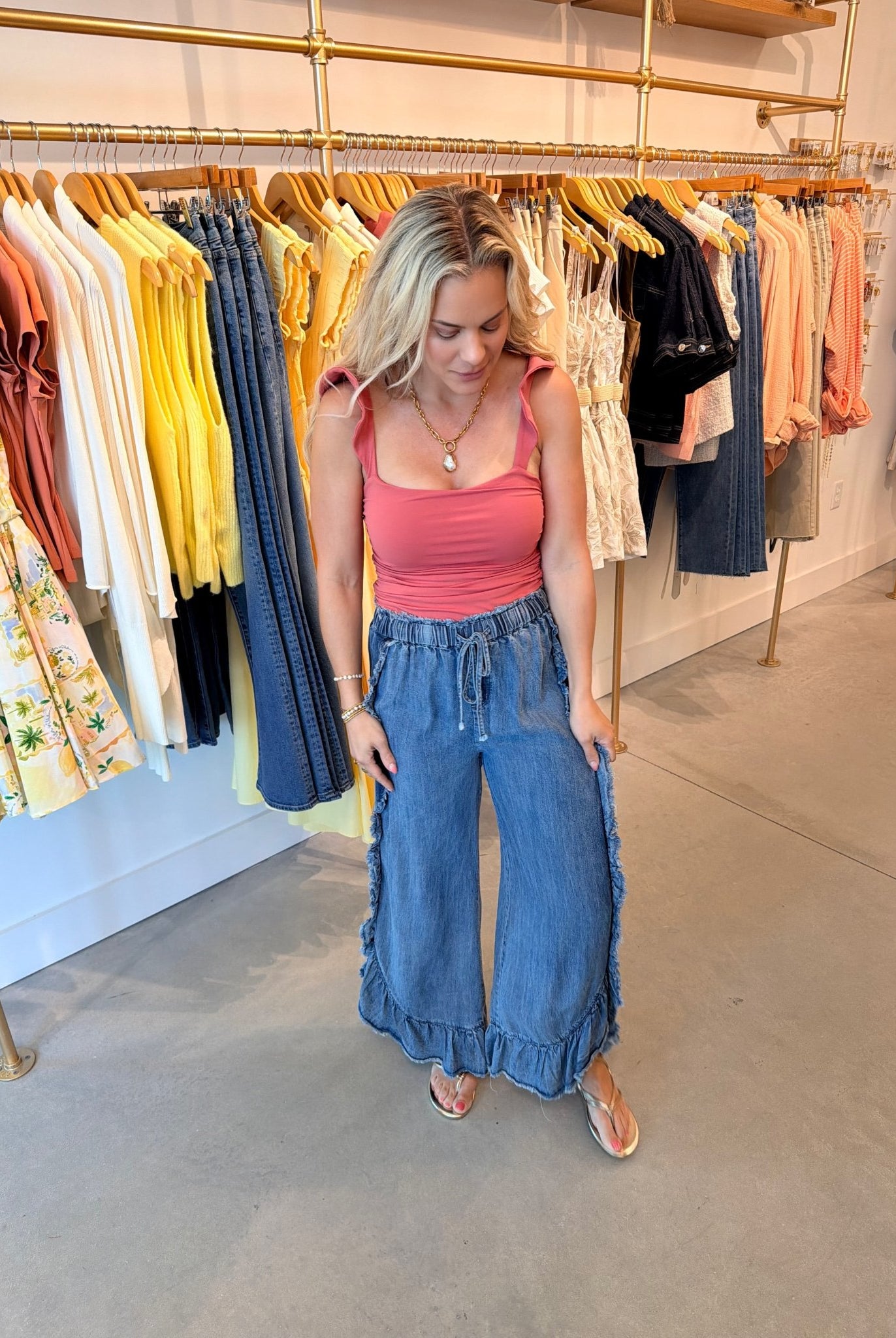 Vine & Love Flared Ruffle Hem Washed Chambray Crop Denim Pants - Fleur - De - Lis Boutique