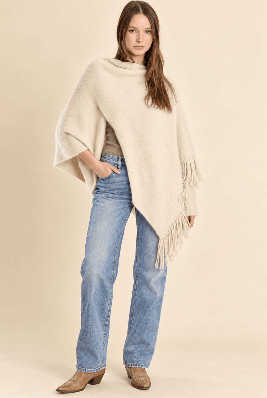 Fringe Knitted Poncho Off White - Fleur-De-Lis Boutique