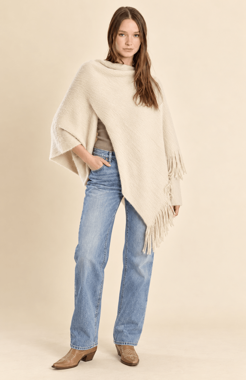 Fringe Knitted Poncho Off White - Fleur-De-Lis Boutique