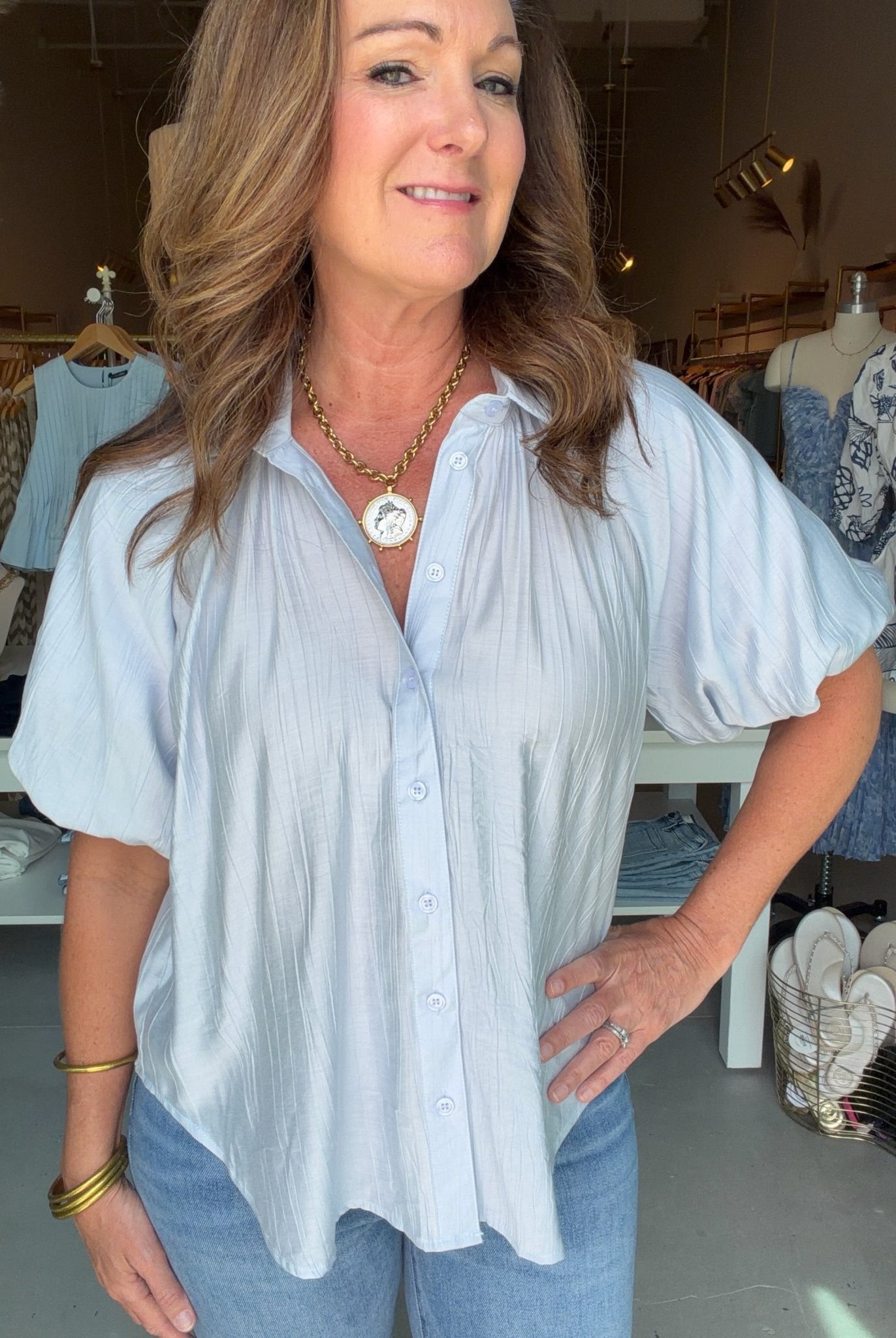 Bishop & Young Anise Bubble Sleeve Top Azure - Fleur - De - Lis Boutique