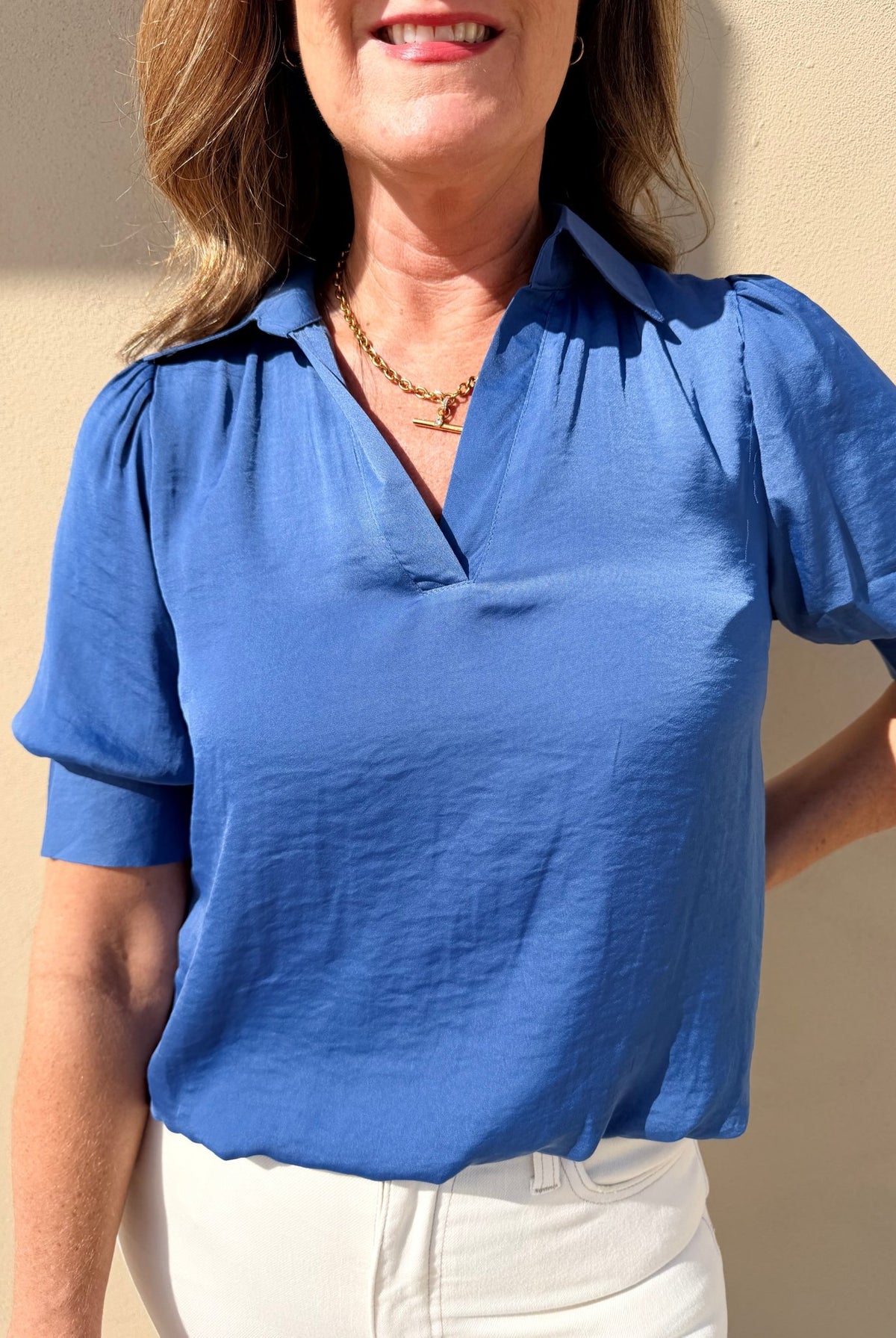 The Luxe Blouson Blouse- Clearwater blue - Fleur-De-Lis Boutique