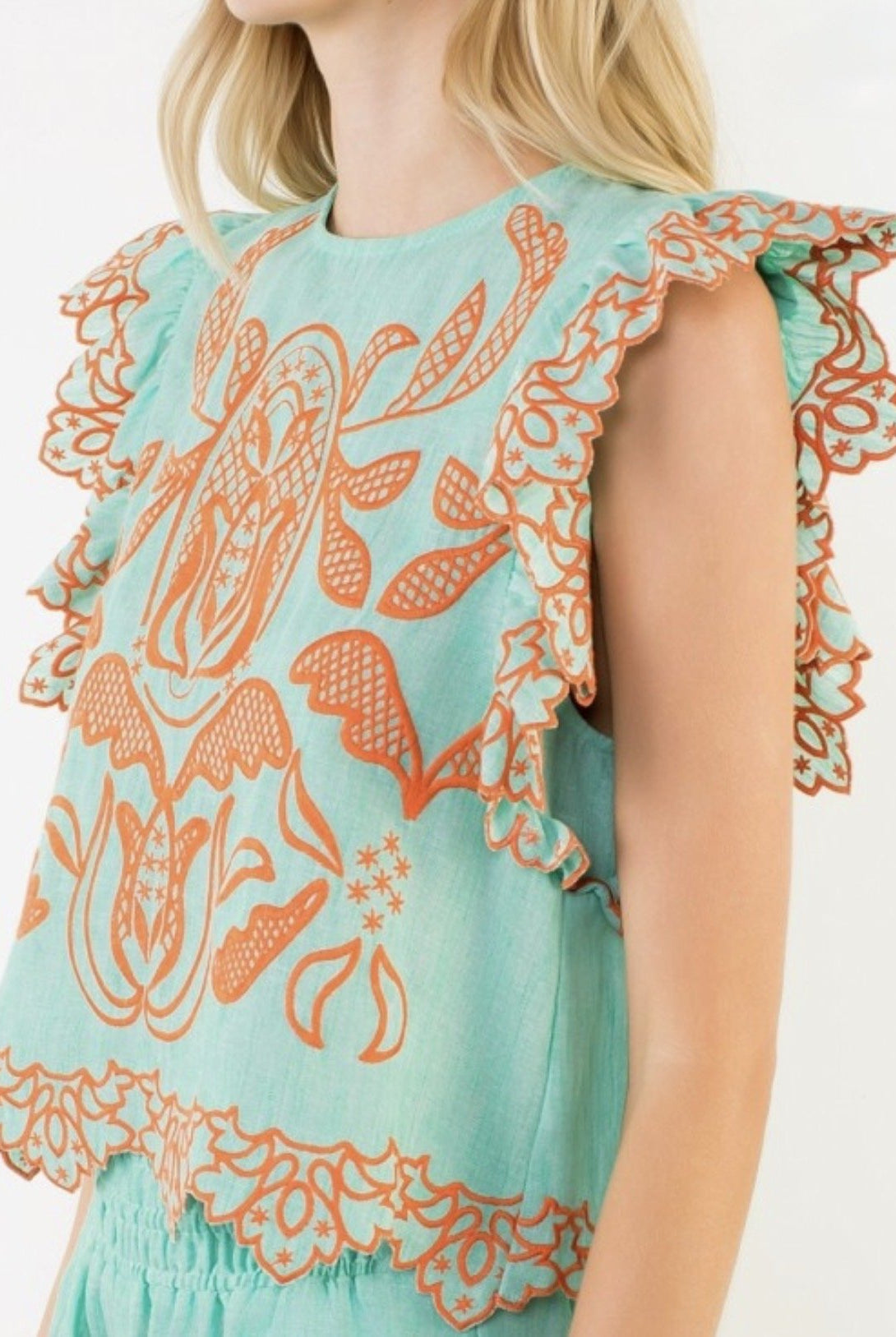 THML Embroidered Flutter Sleeve Top Turquoise and Orange - Fleur - De - Lis Boutique