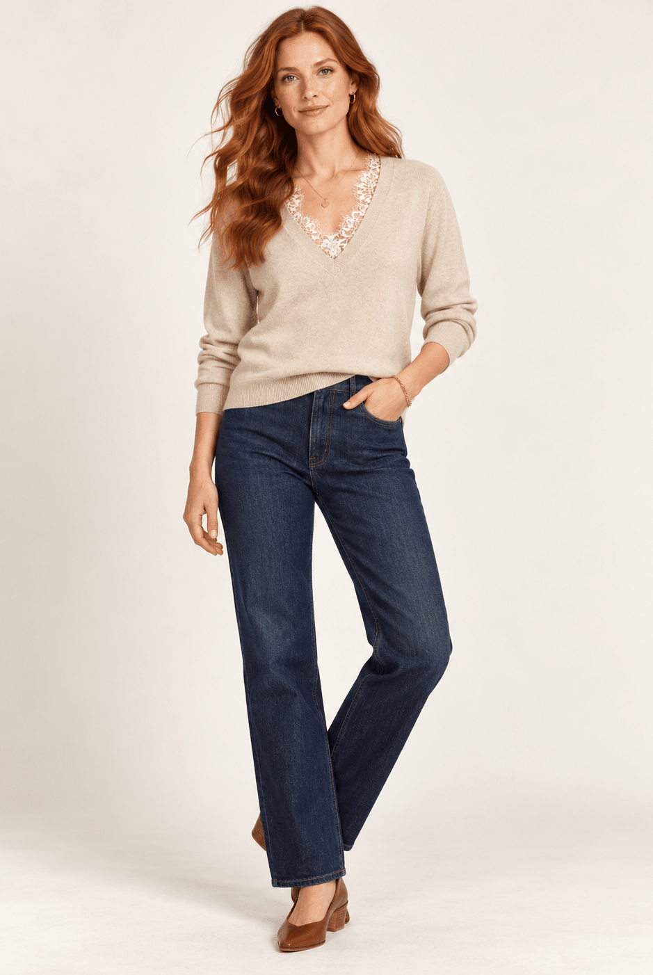 Lucy Paris Marty Lace Trim Knit Top Beige - Fleur-De-Lis Boutique