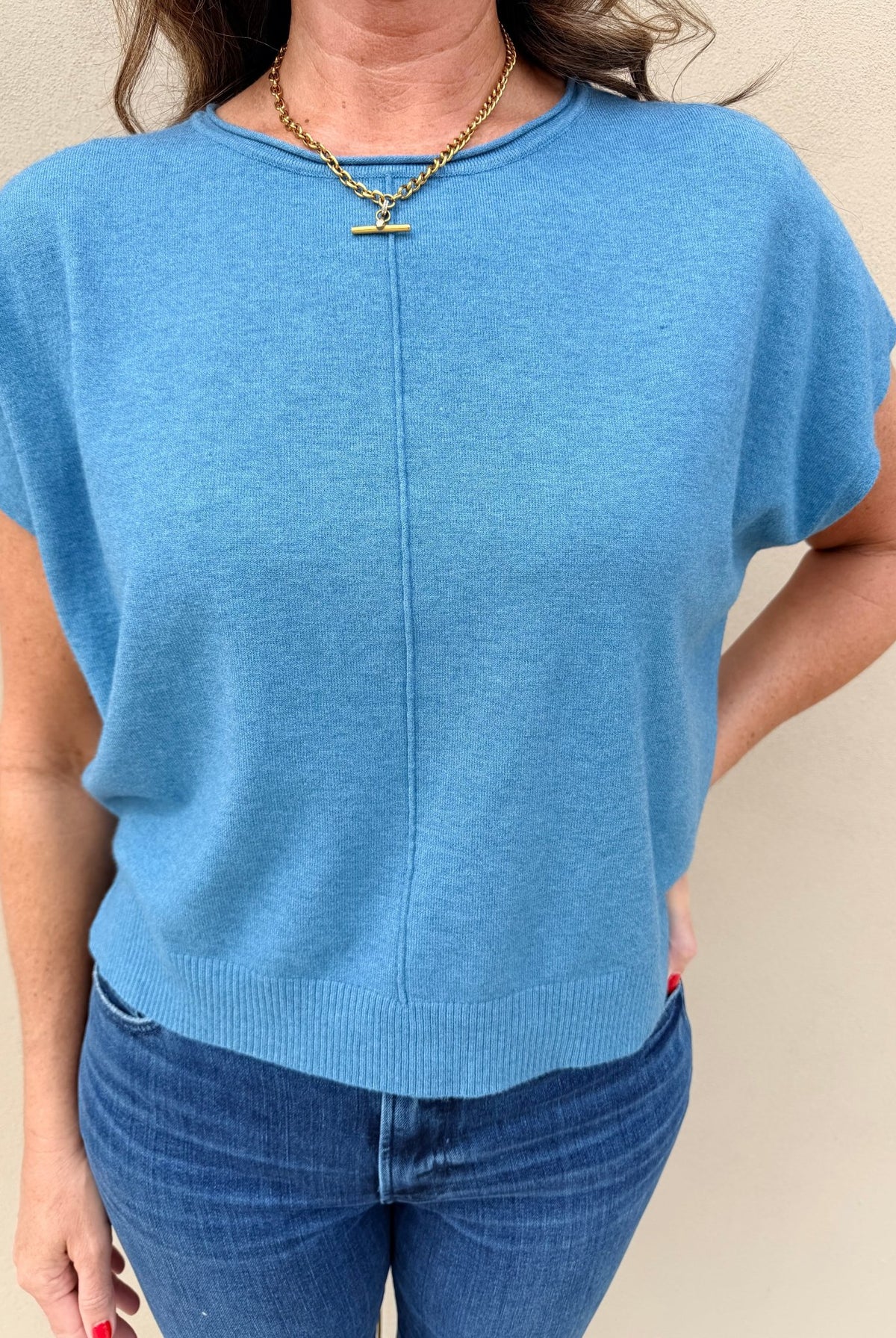 KDL Scoop Neck Short Sleeve Sweater Denim - Fleur-De-Lis Boutique