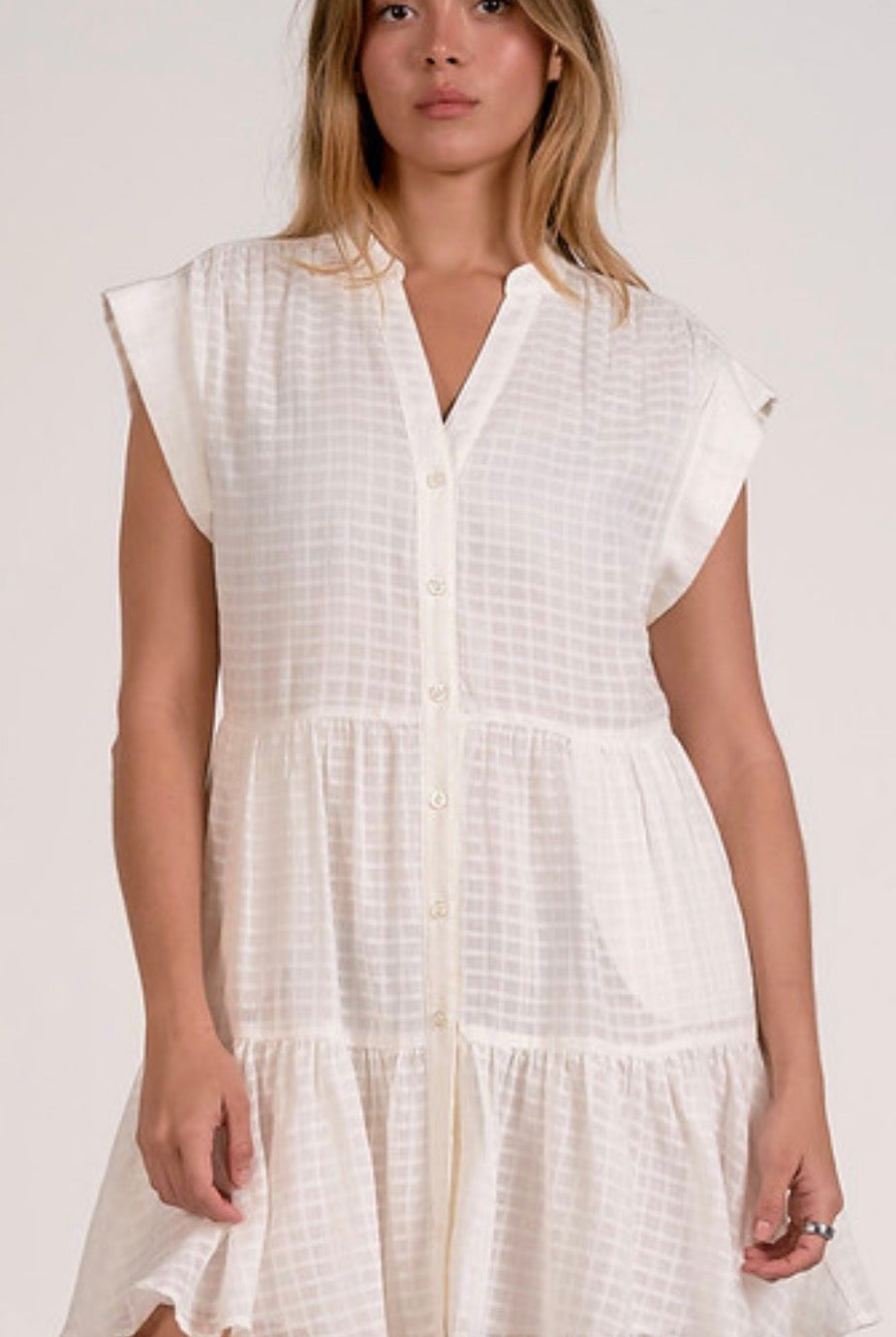 Elan Off White Windowpane Short Sleeve Mini Dress - Fleur - De - Lis Boutique