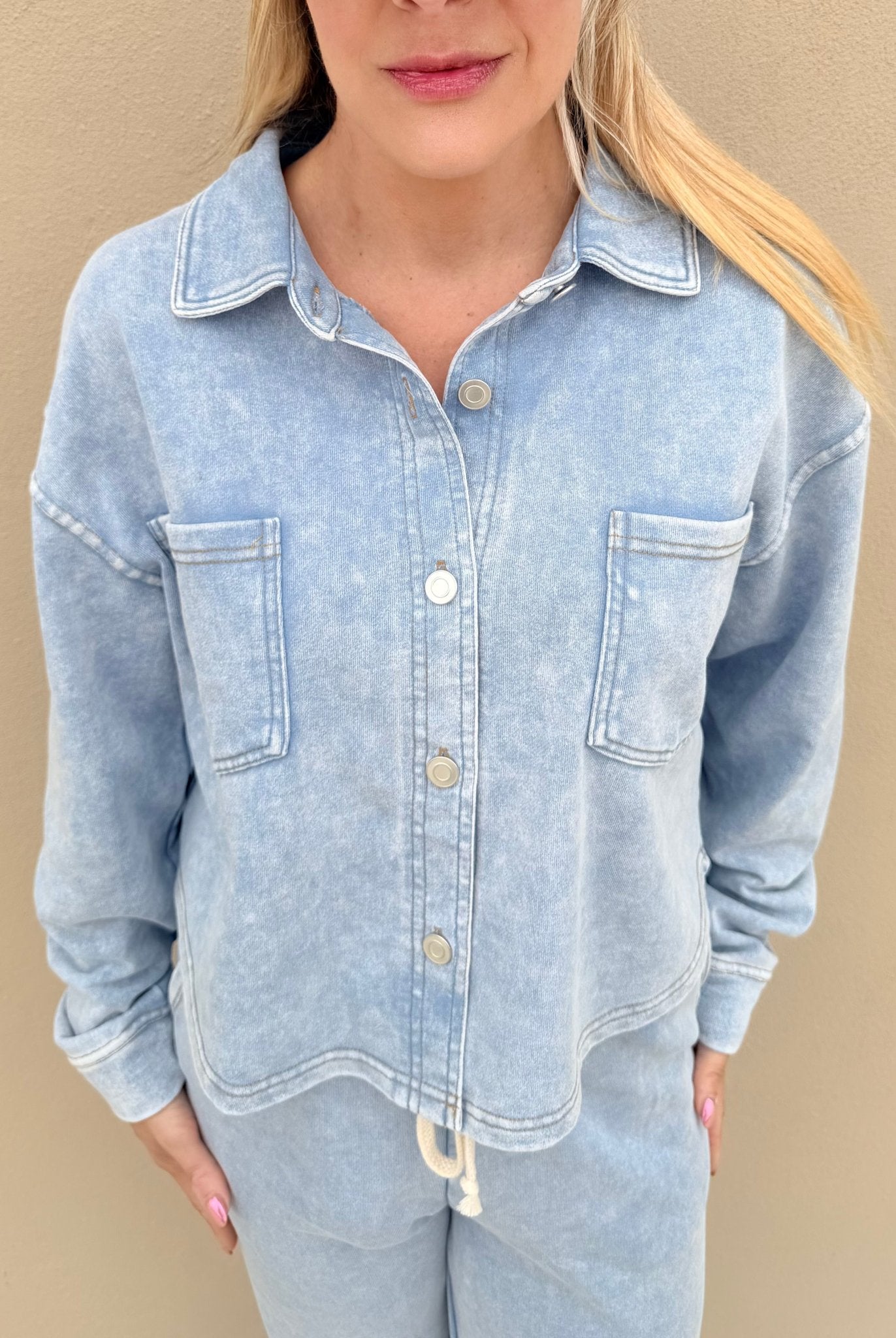 Dex Cropped Knit Overshirt Washed Light Blue - Fleur - De - Lis Boutique