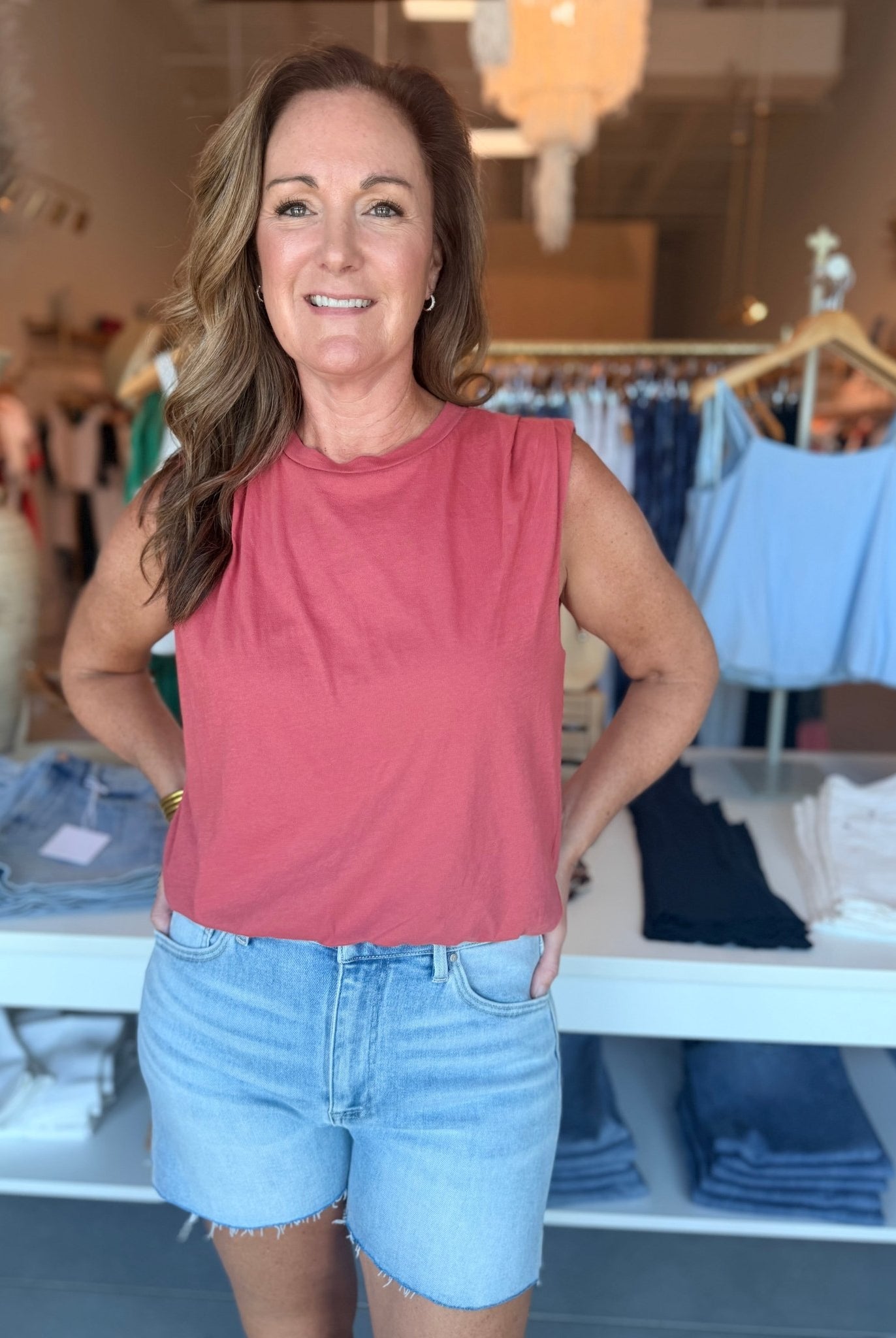 Bobi Los Angeles Sleeveless Bubble Hem Tee Red Rock - Fleur-De-Lis Boutique