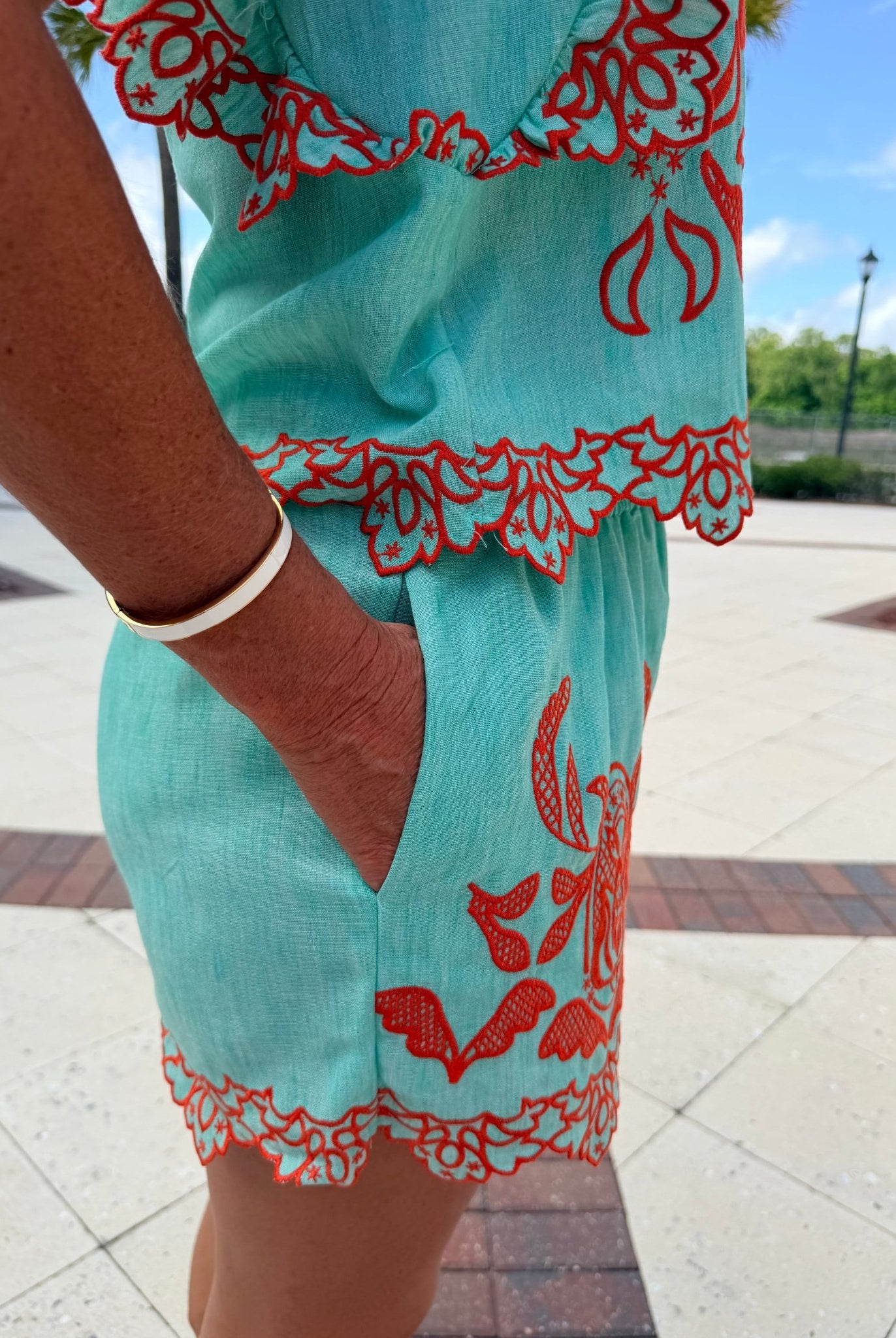 THML Embroidery Detail Shorts Turquoise and Orange - Fleur - De - Lis Boutique