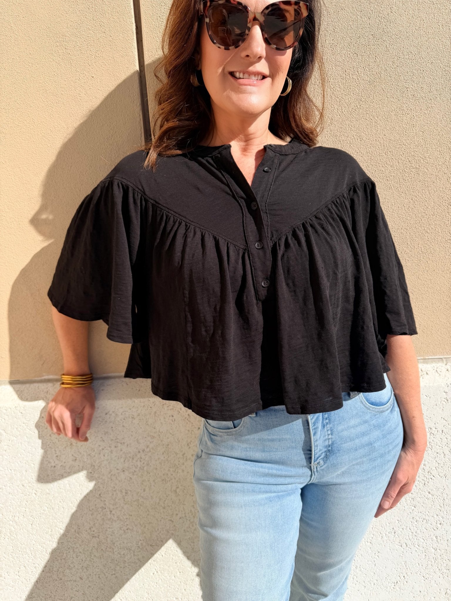Bobi Los Angeles V Yoke Henley Blouse Black - Fleur - De - Lis Boutique