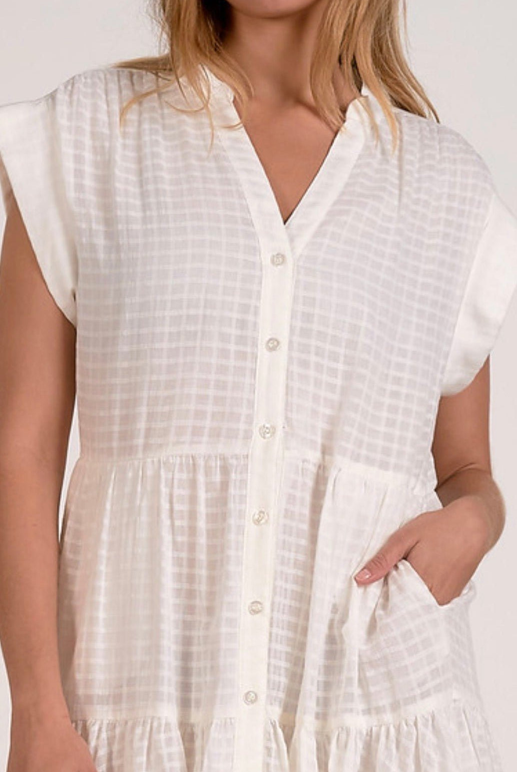 Elan Off White Windowpane Short Sleeve Mini Dress - Fleur - De - Lis Boutique