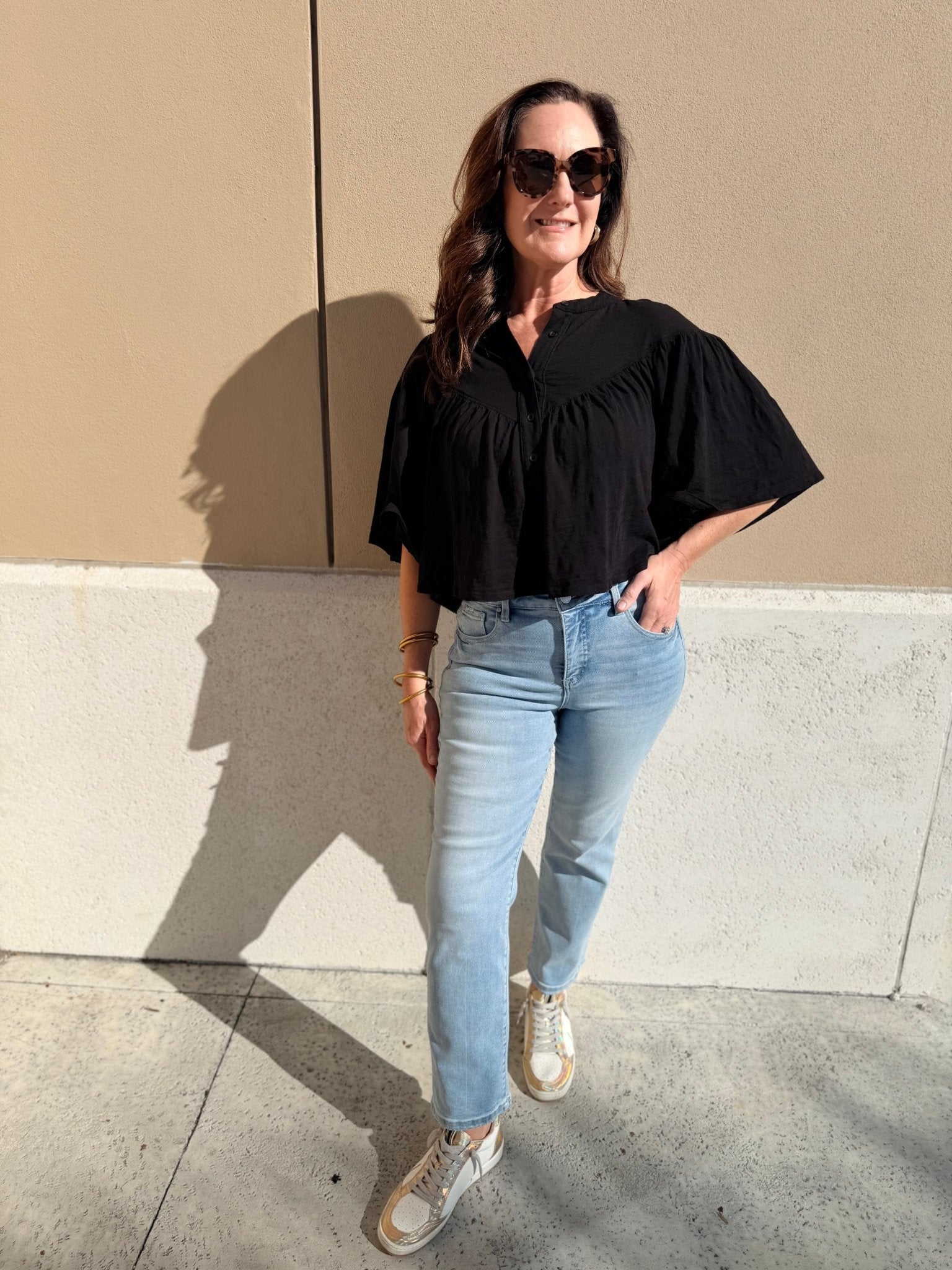 Bobi Los Angeles V Yoke Henley Blouse Black - Fleur - De - Lis Boutique