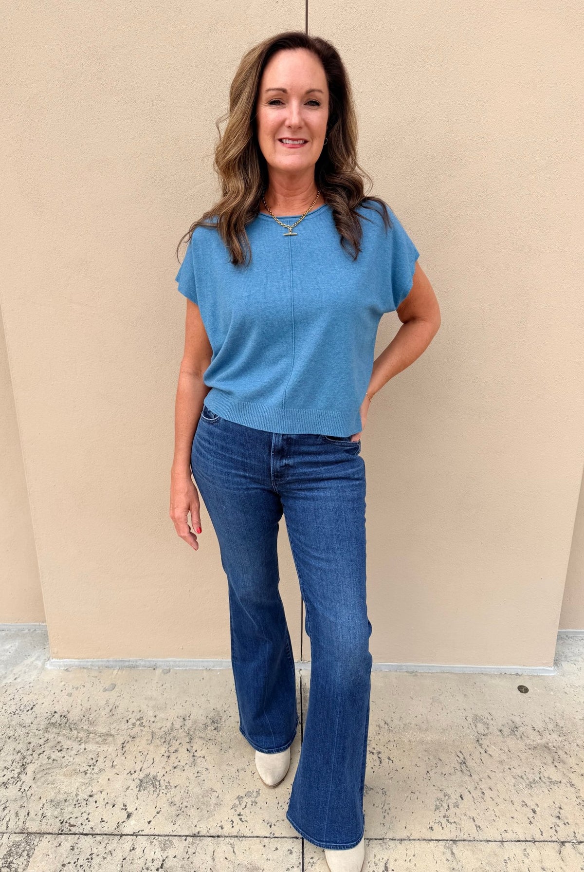 KDL Scoop Neck Short Sleeve Sweater Denim - Fleur-De-Lis Boutique