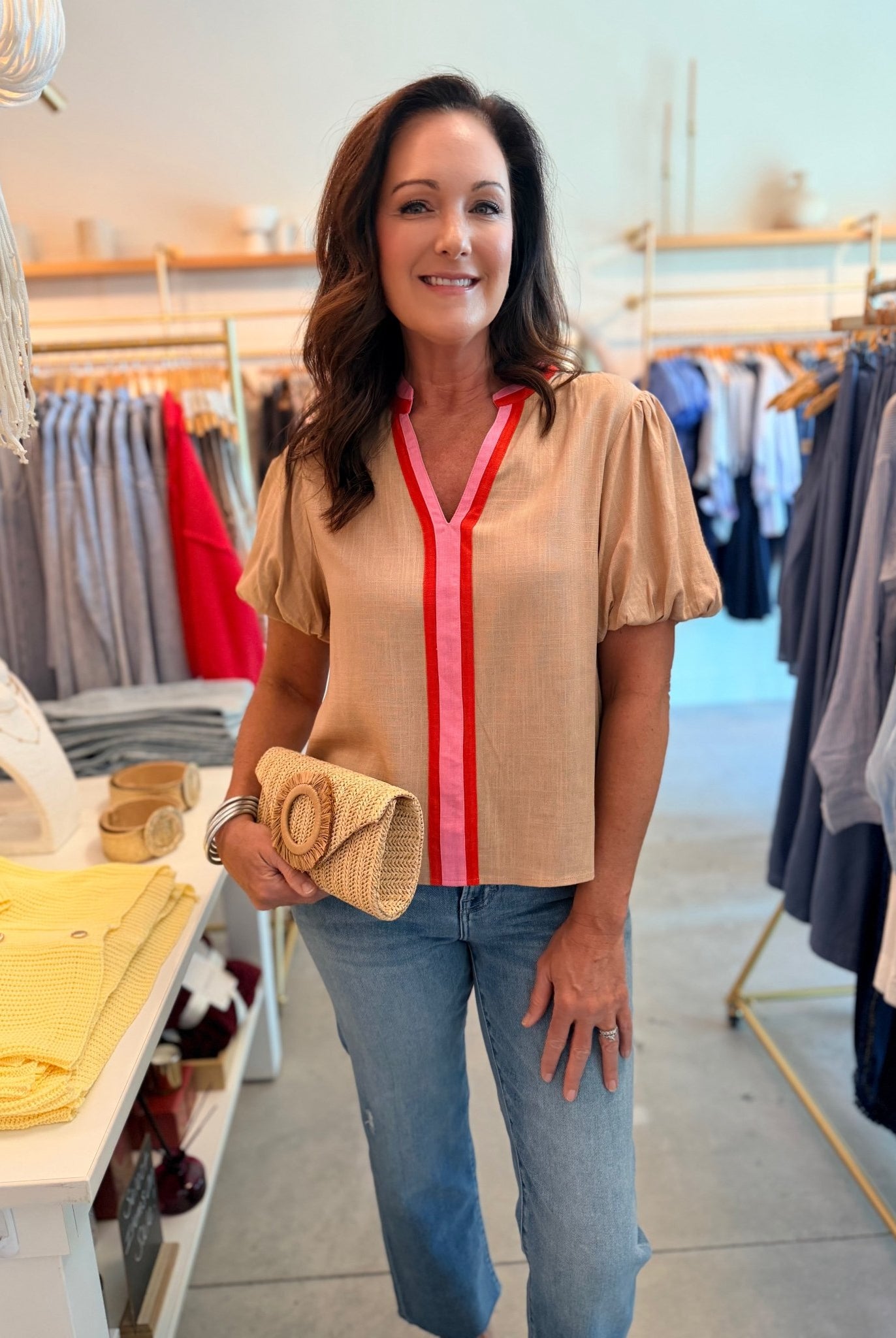 THML Puff Sleeve Stripe Detail V Neck Top - Fleur - De - Lis Boutique