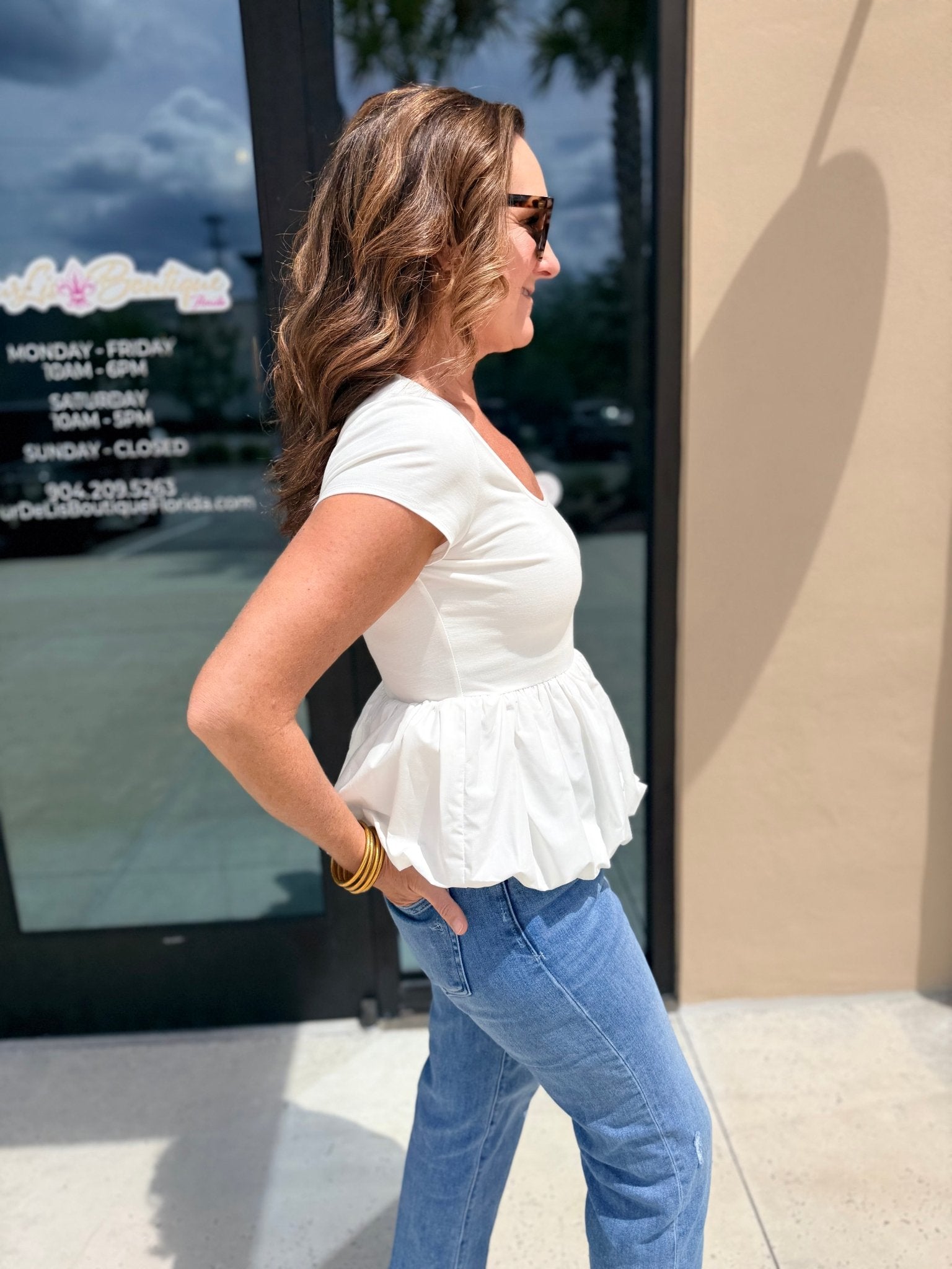 Six Fifty Peplum Pixie Mixed Media Top White - Fleur - De - Lis Boutique