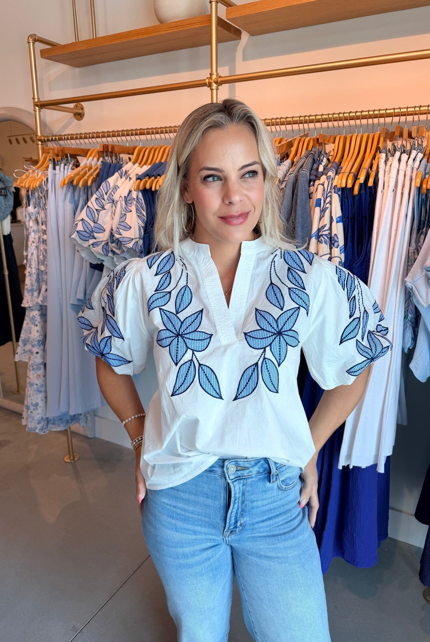 THML Puff Sleeve Embroidery Top White - Fleur - De - Lis Boutique