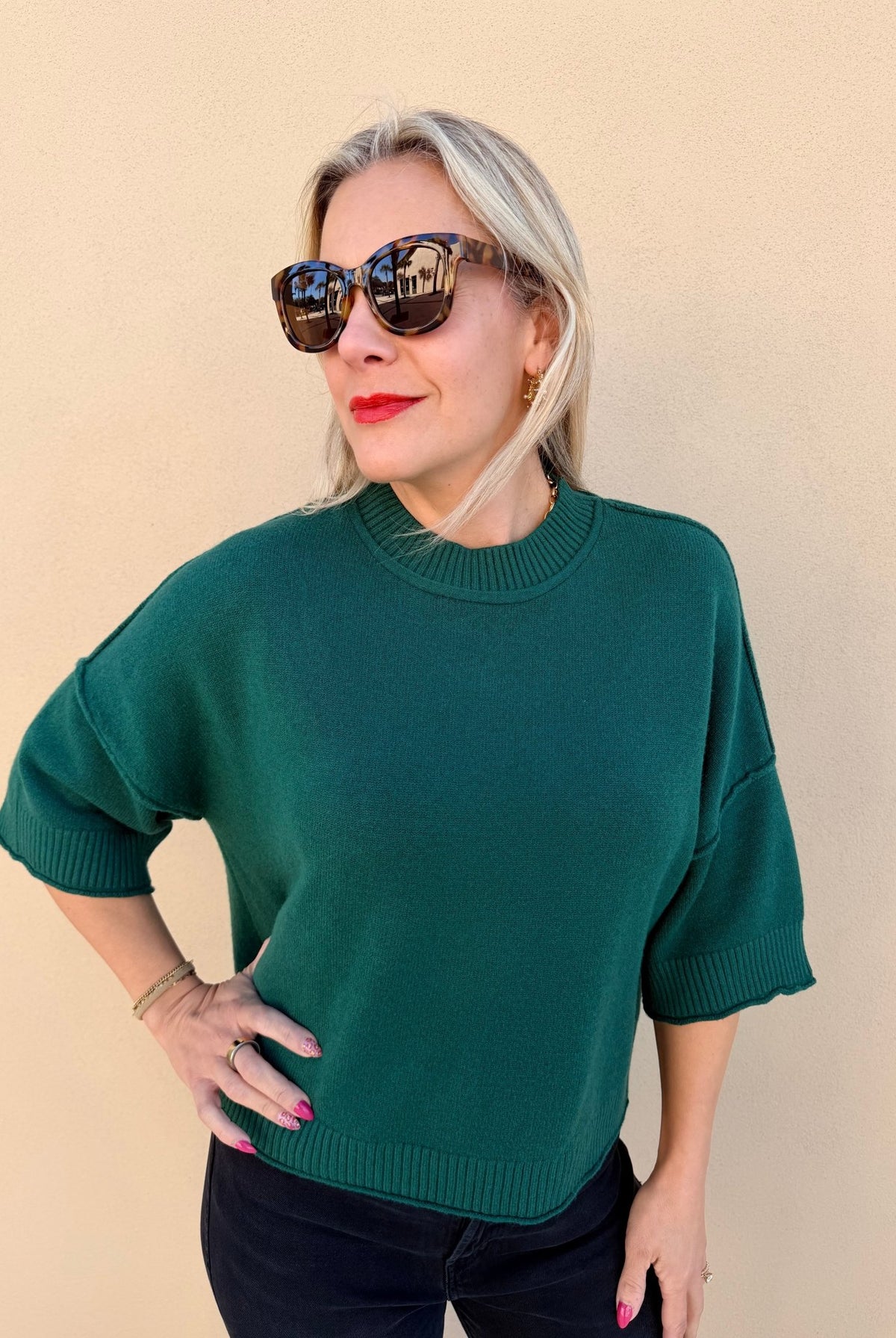 Pinch Soft Short Sleeve Sweater Deep Green - Fleur-De-Lis Boutique