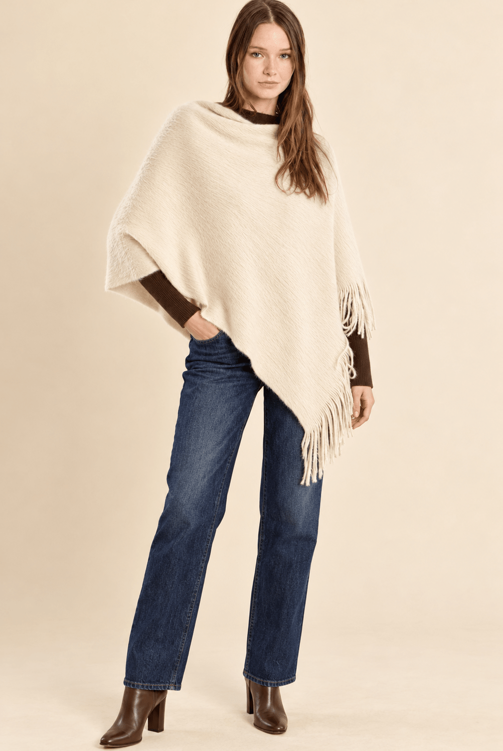 Fringe Knitted Poncho Off White - Fleur-De-Lis Boutique