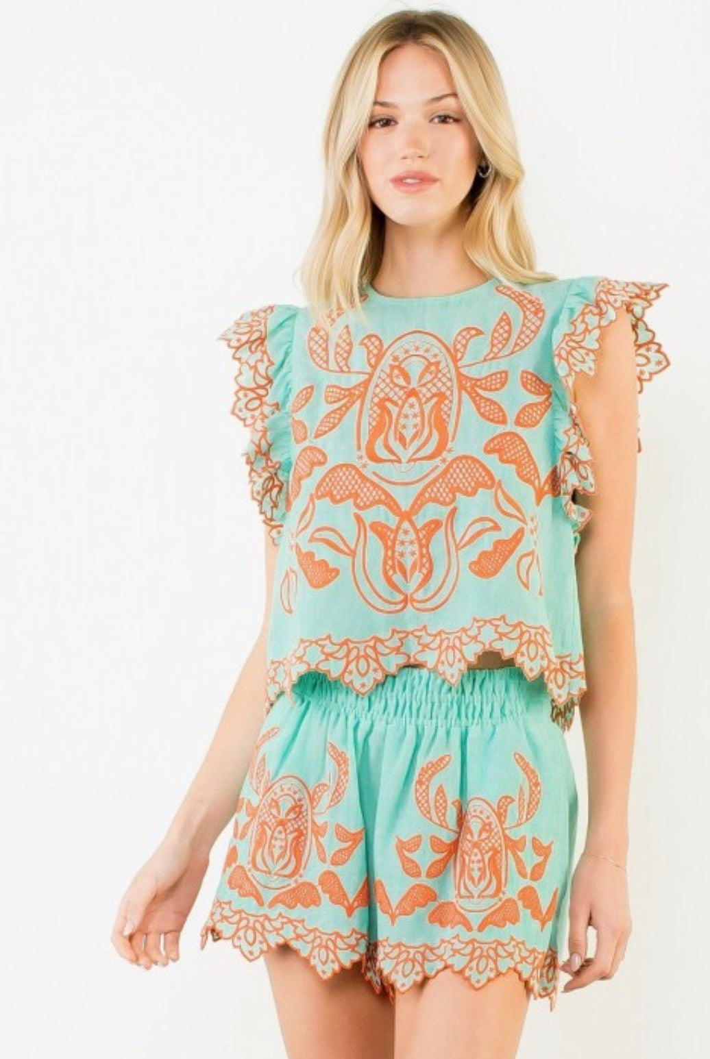 THML Embroidered Flutter Sleeve Top Turquoise and Orange - Fleur - De - Lis Boutique