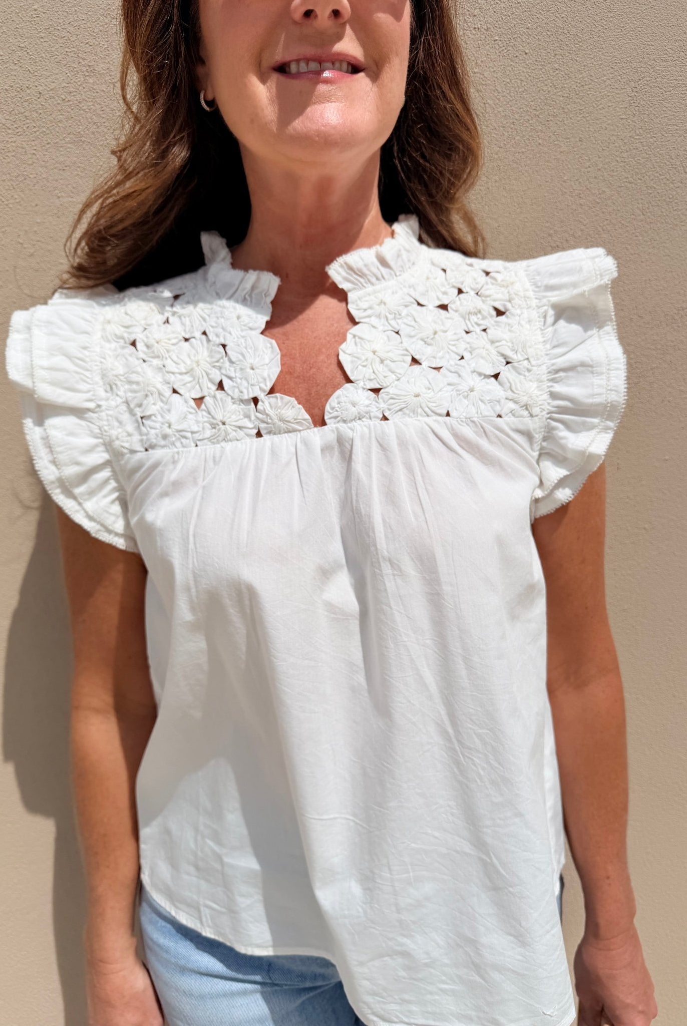 THML Flutter Sleeve Top Embellished Yoke White - Fleur - De - Lis Boutique