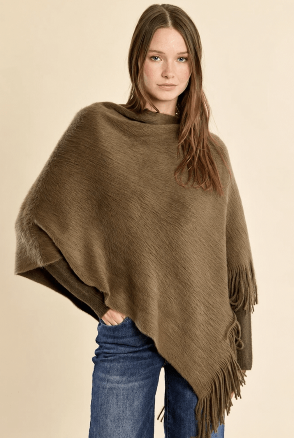 Fringe Knitted Poncho Olive - Fleur-De-Lis Boutique
