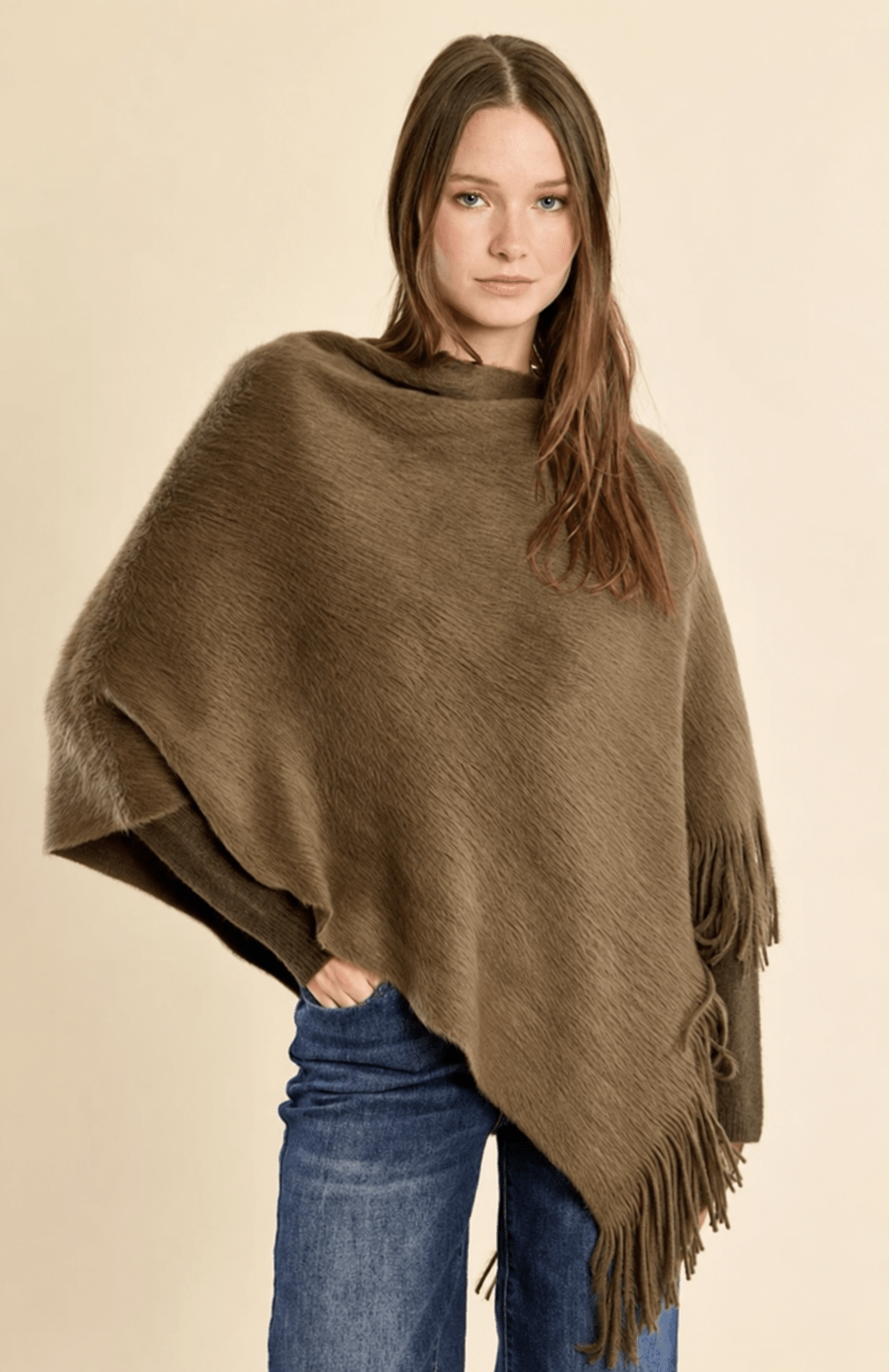 Fringe Knitted Poncho Olive - Fleur-De-Lis Boutique