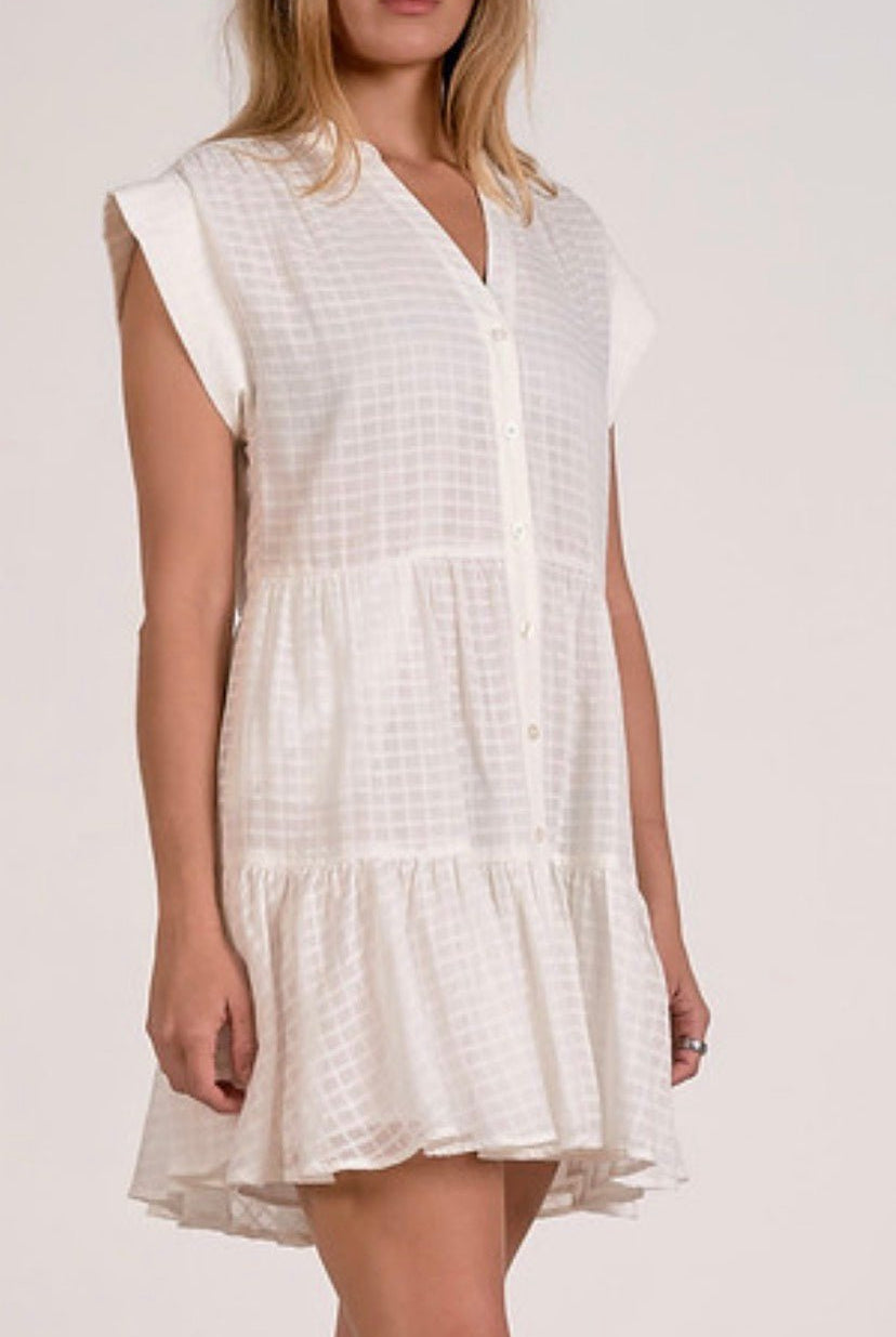 Elan Off White Windowpane Short Sleeve Mini Dress - Fleur - De - Lis Boutique
