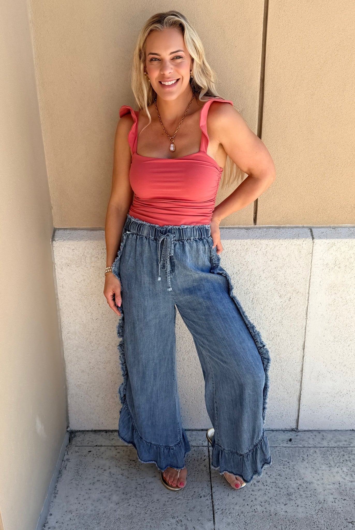 Vine & Love Flared Ruffle Hem Washed Chambray Crop Denim Pants - Fleur - De - Lis Boutique