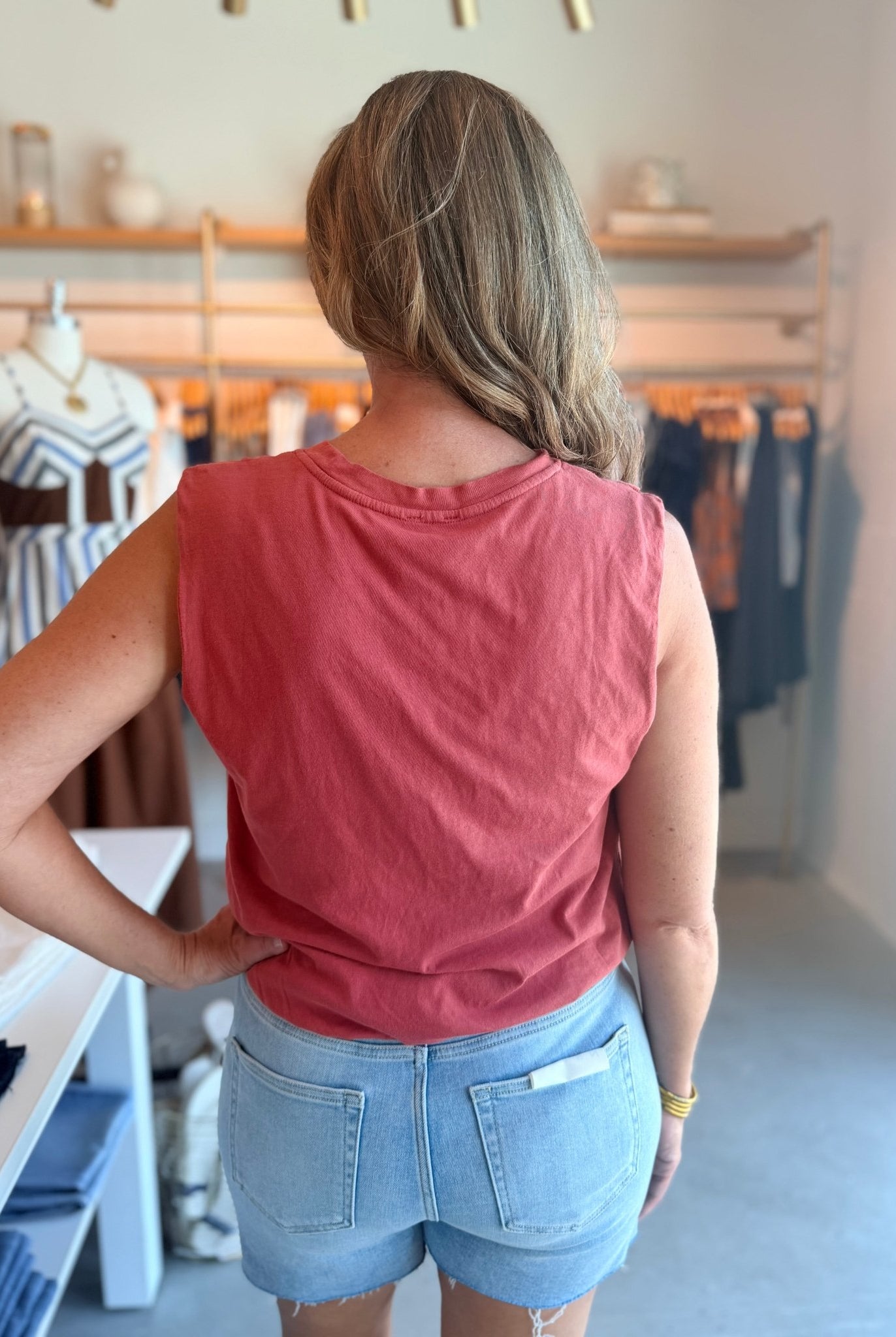 Bobi Los Angeles Sleeveless Bubble Hem Tee Red Rock - Fleur-De-Lis Boutique